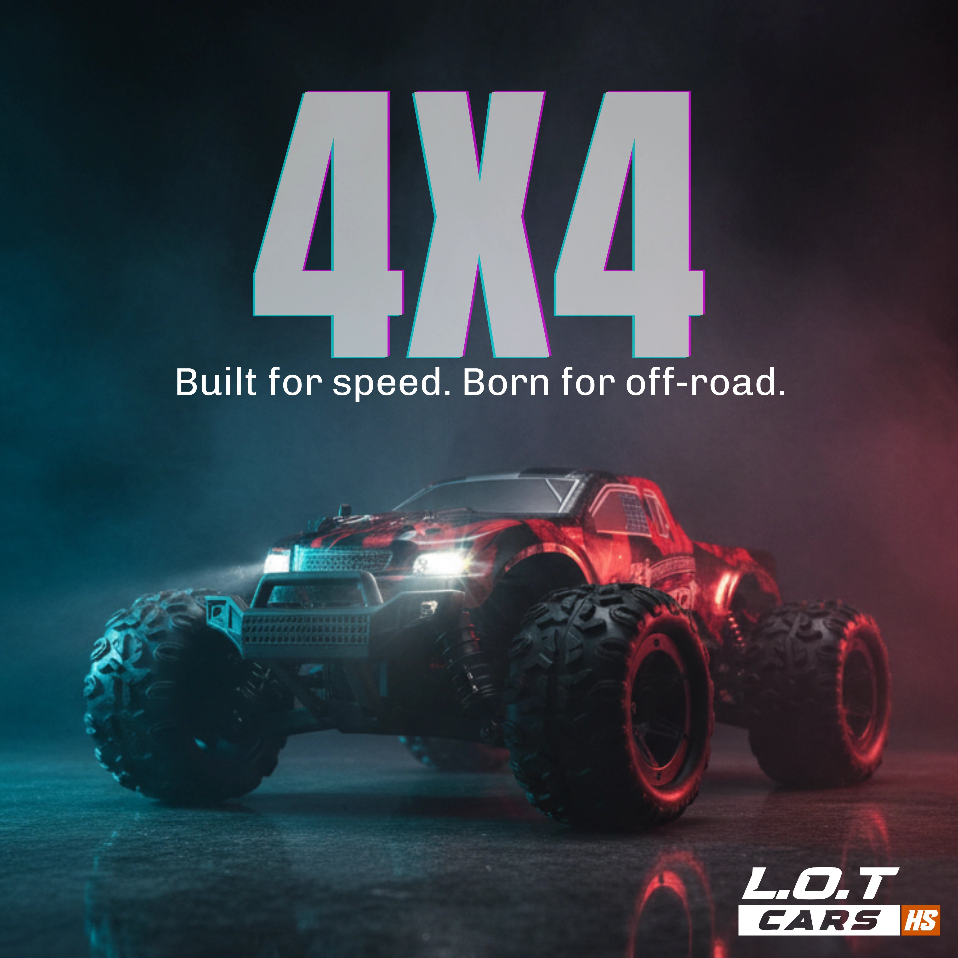 Monster truck with large wheels on a dark background, featuring the text '4X4WD' and 'L.O.T Cars'.