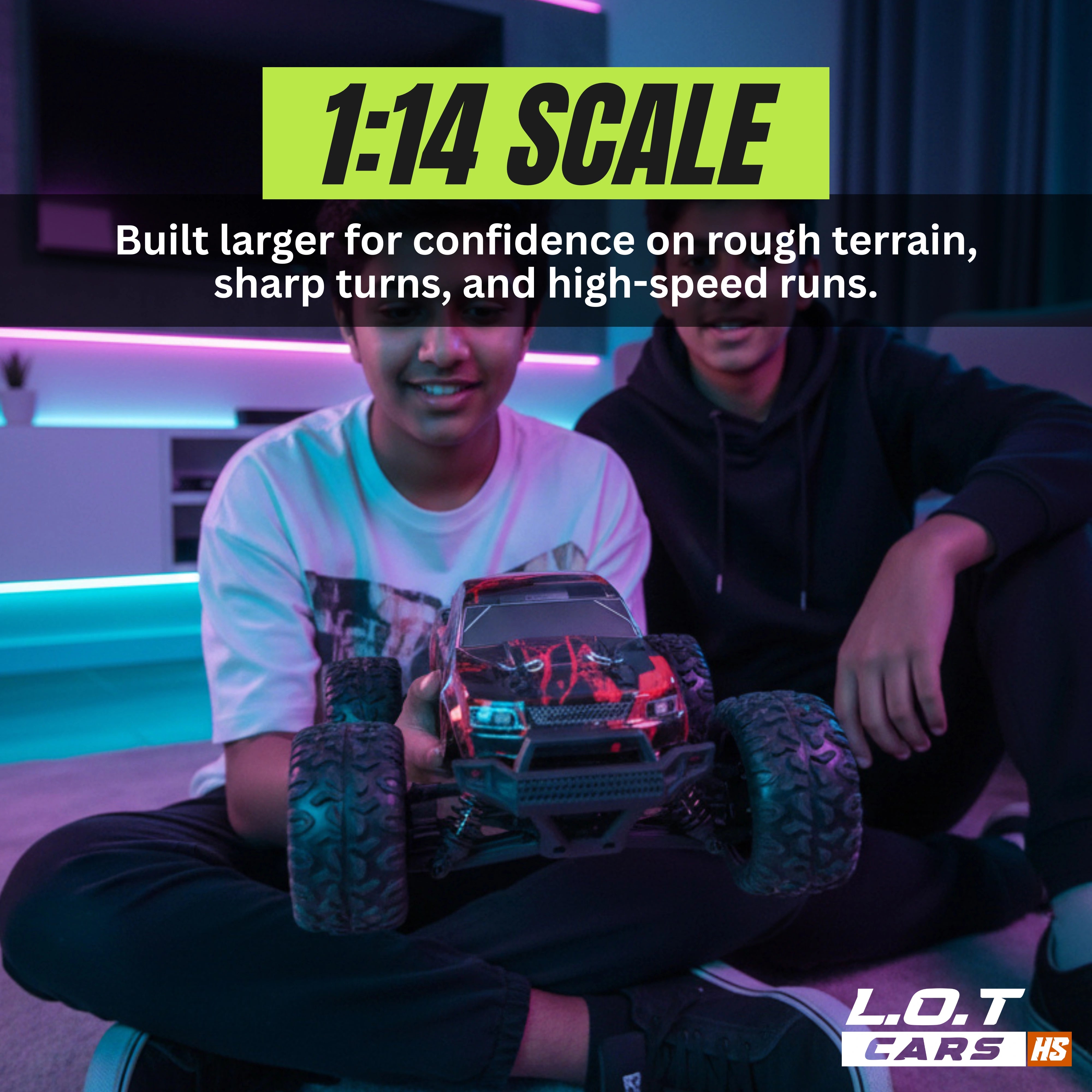 Red and black RC truck with '1:14 scale' text in the background
