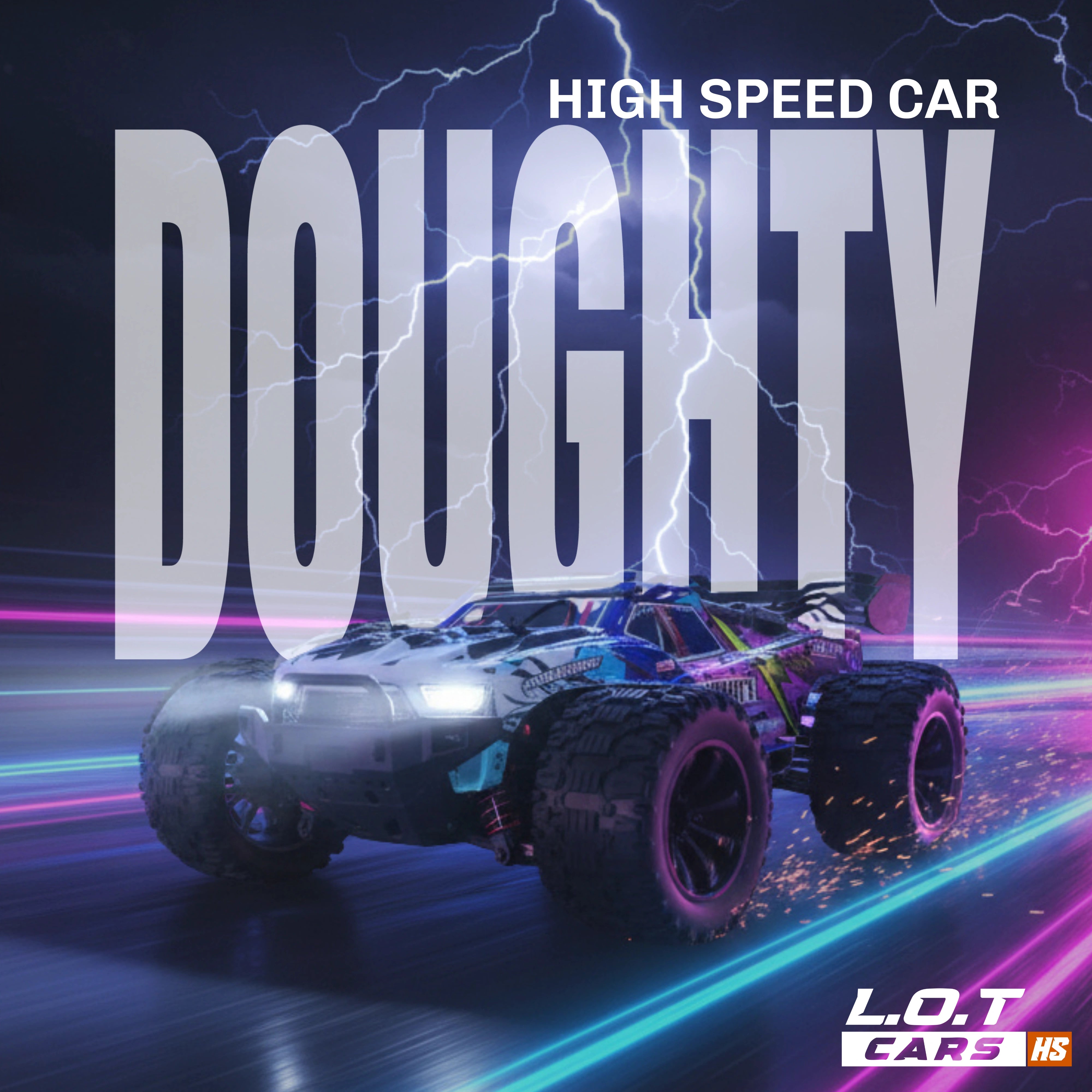 High-speed car with 'Doughty' text and L.O.T Cars logo on a dynamic background