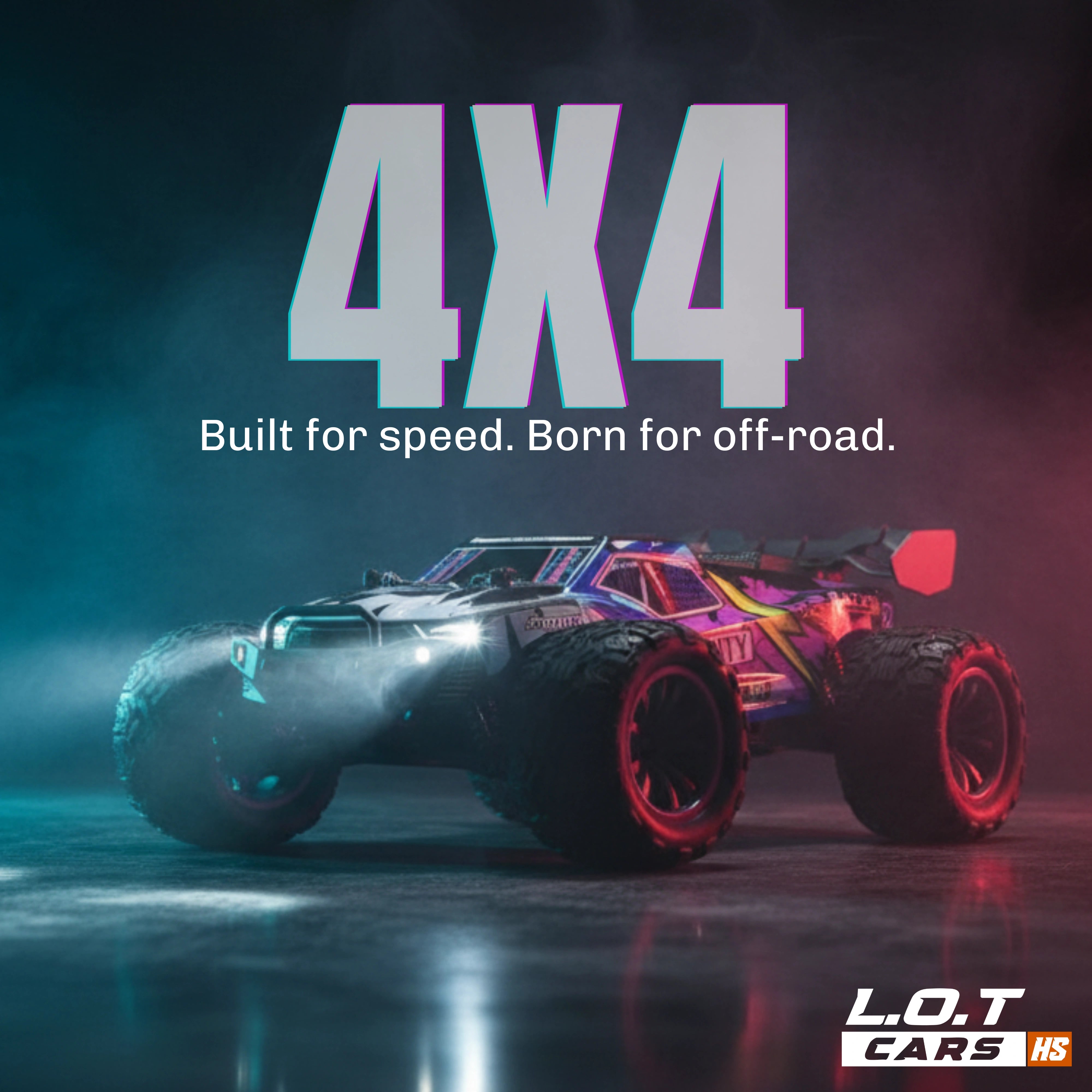 Toy RC monster truck with '4x4WD' text and L.O.T Cars logo on a dark background