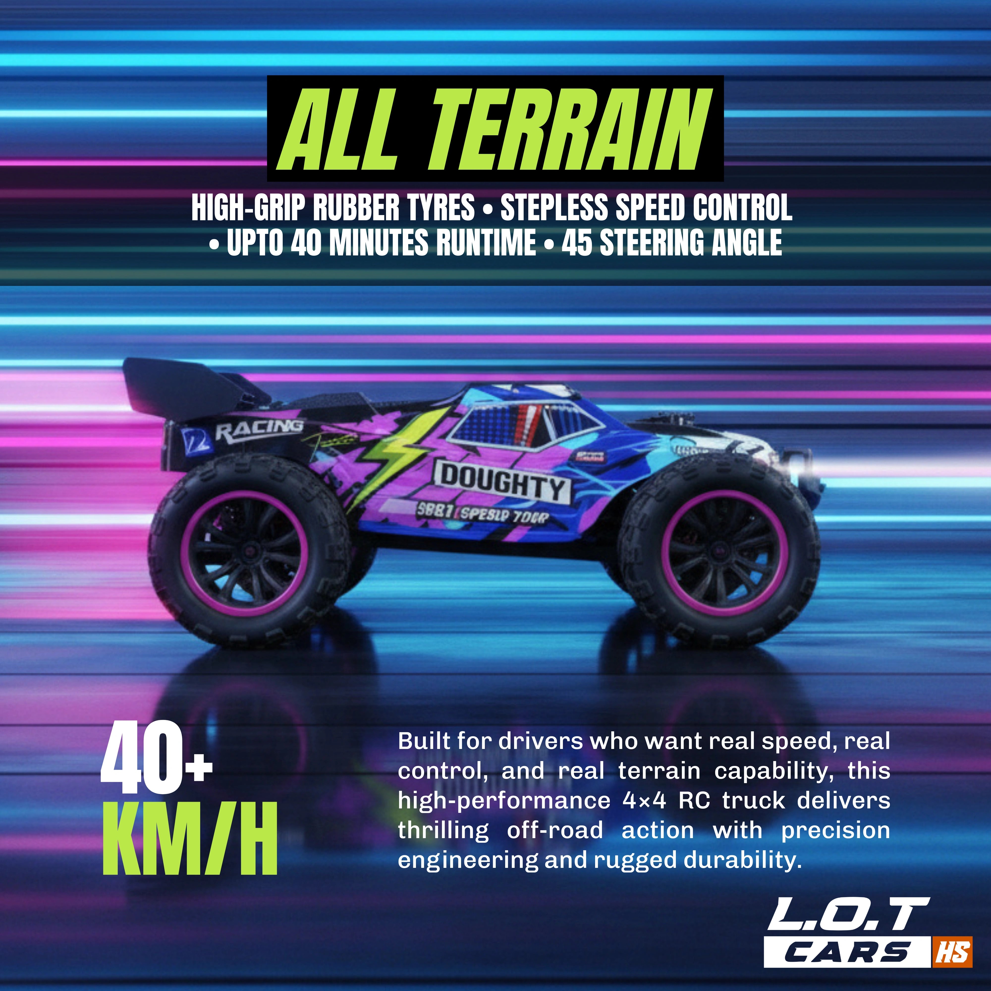 Highspeed RC car showcasing its top speed of 40+ kmph with 'All Terrain' text in the background and L.O.T Cars branding.