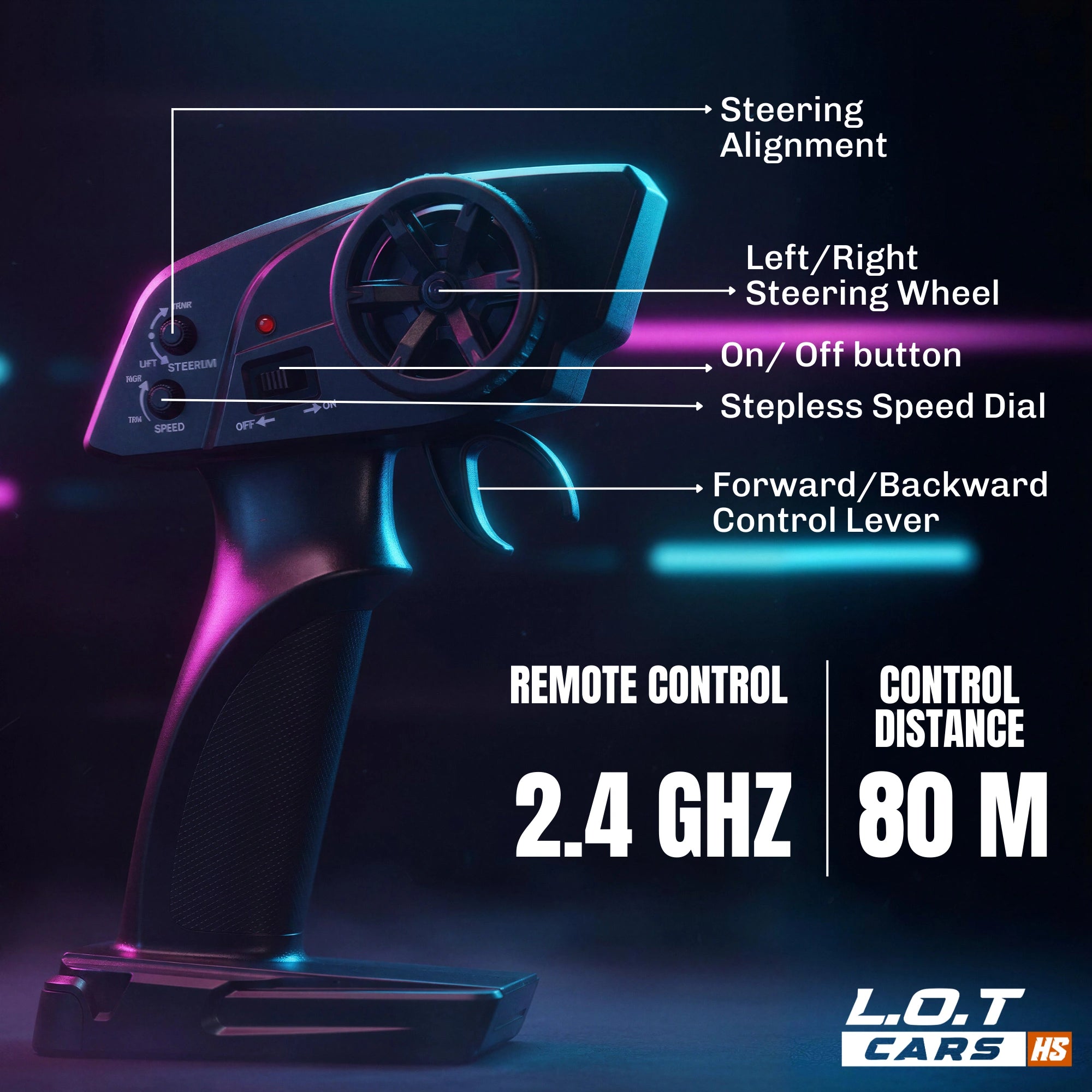 Remote control with labeled parts on a dark background, featuring L.O.T Cars branding.
