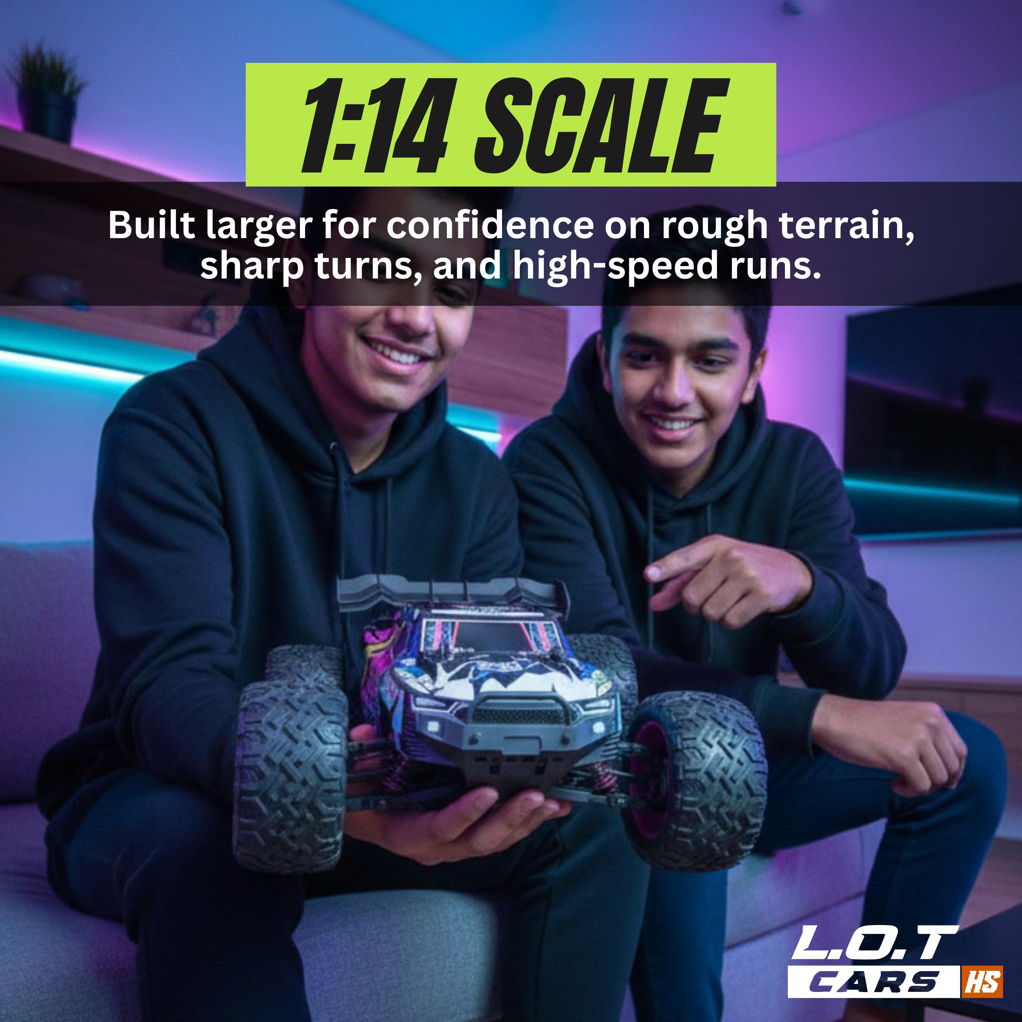 Two people holding a 1:14 scale highspeed RC car in a vibrant background.