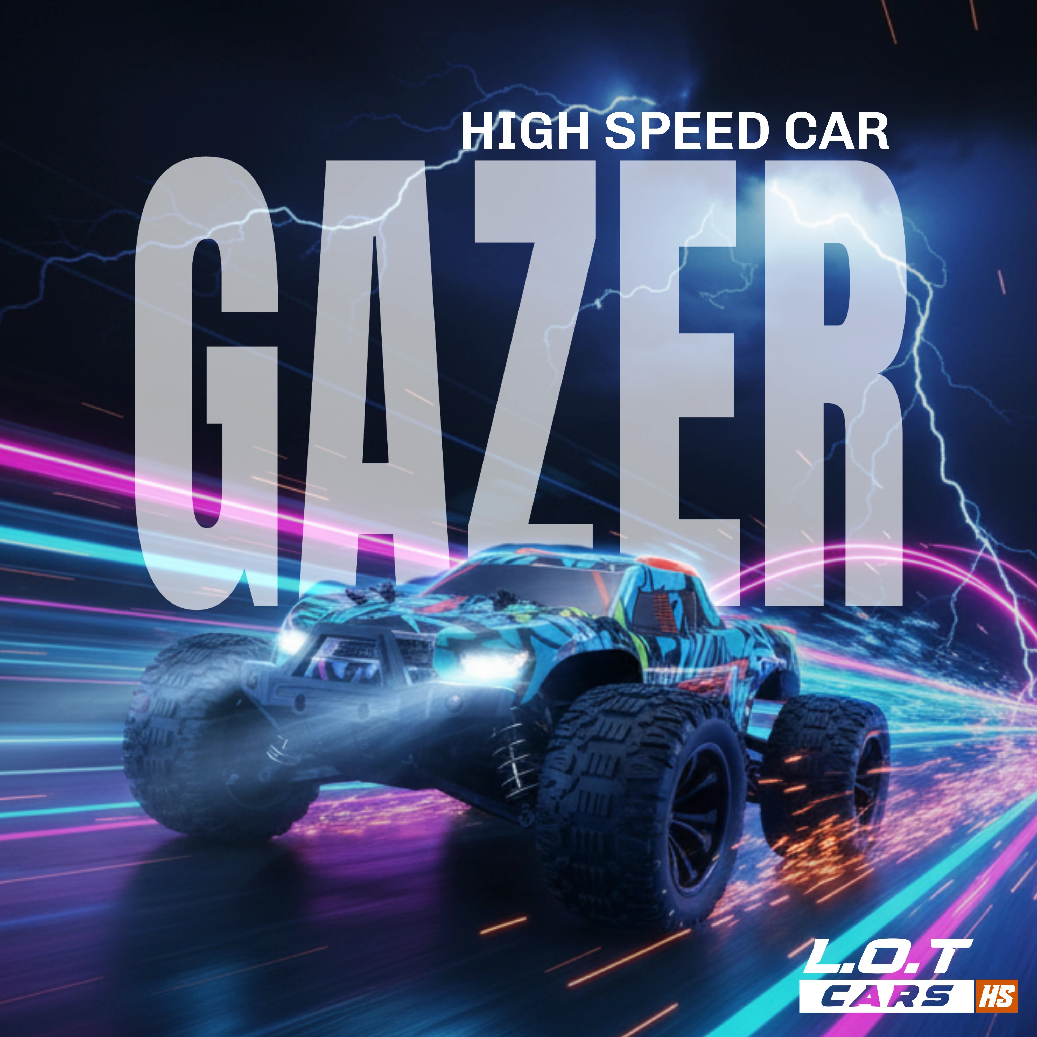 High-speed car with 'GAZER' branding on a dynamic background