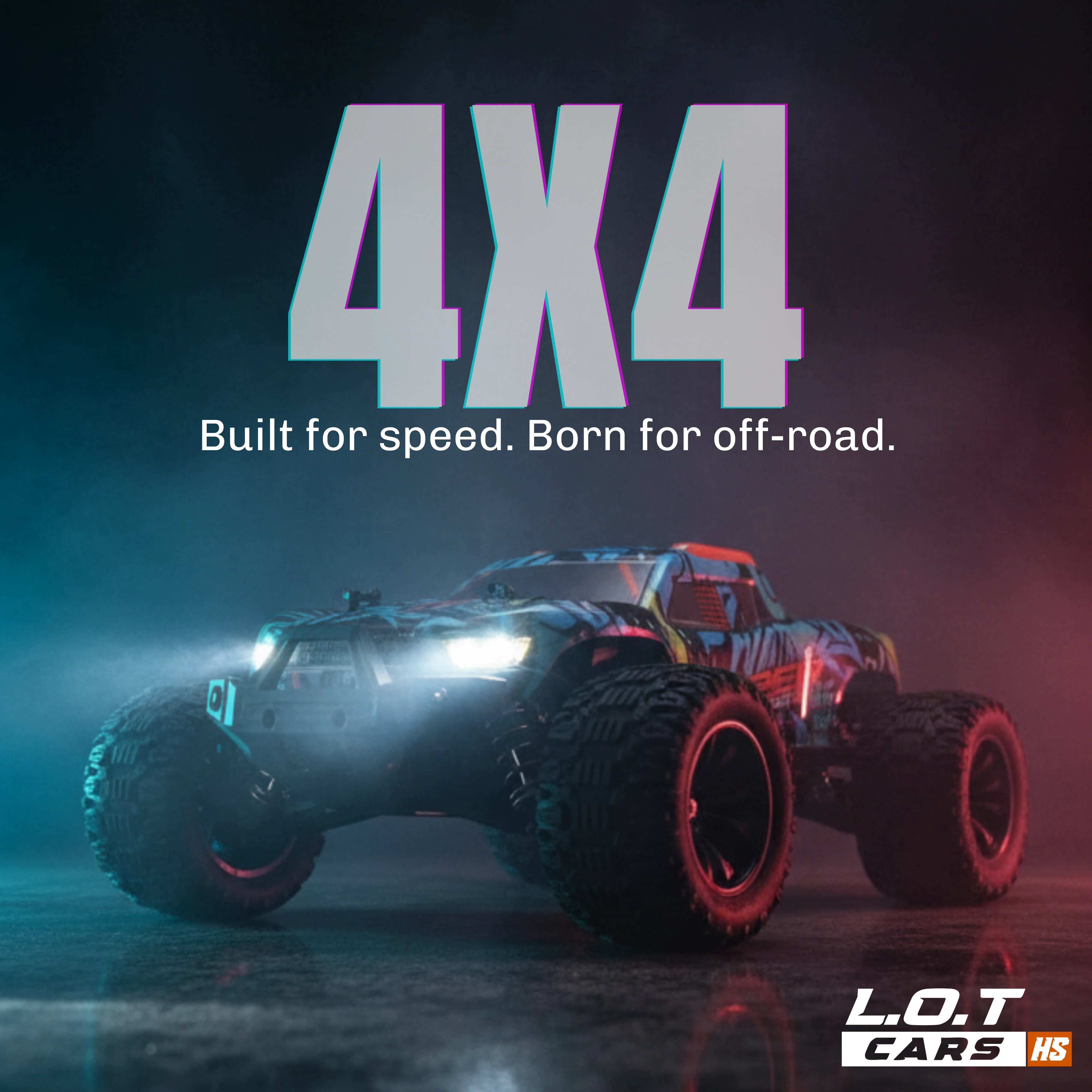 Monster truck with 4x4WD text and L.O.T Cars logo on a dark background