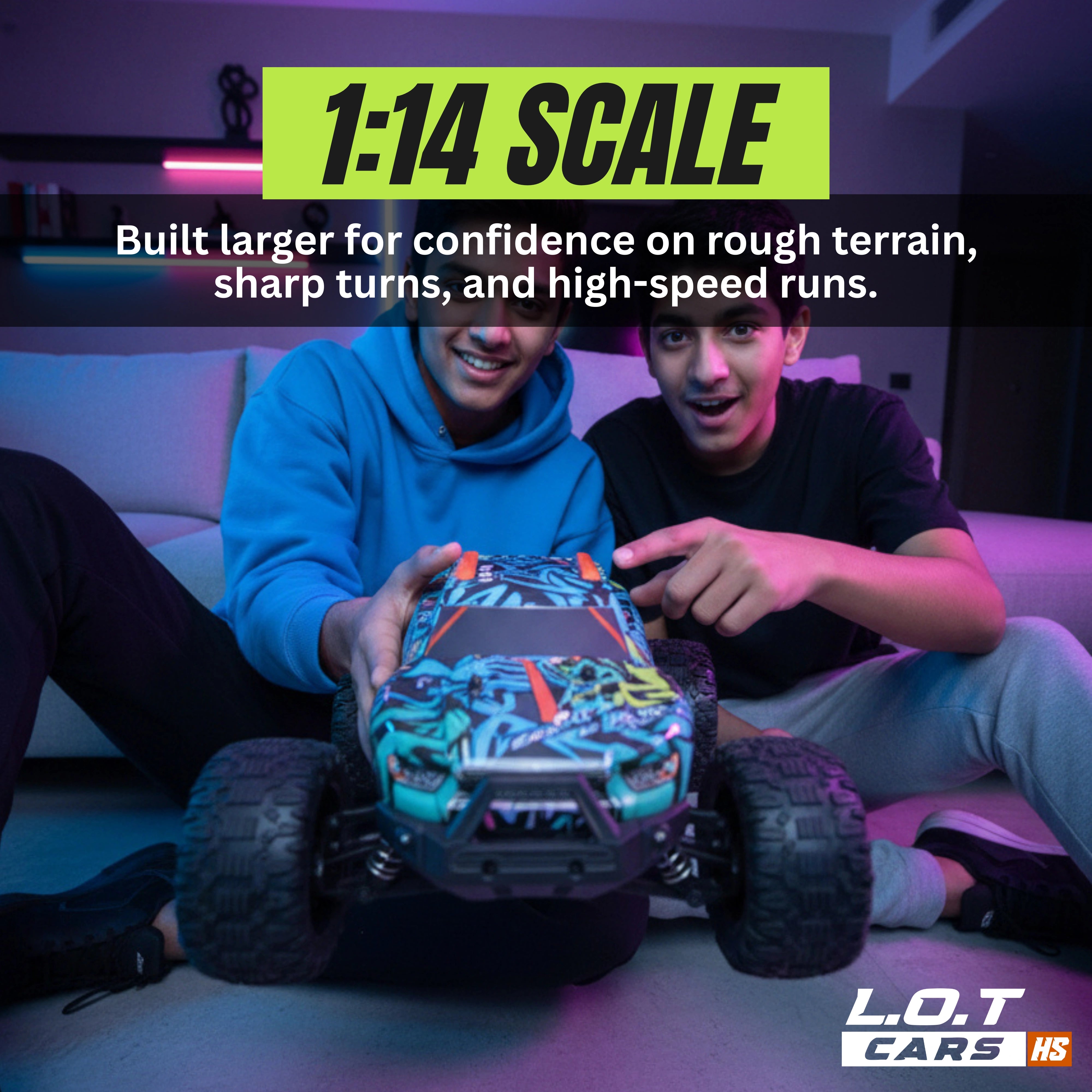 Colorful RC truck with specifications on a vibrant background, featuring the brand 'L.O.T Cars'.