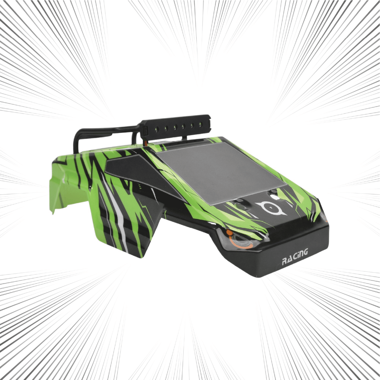 Green and black racing RC car body on a white background