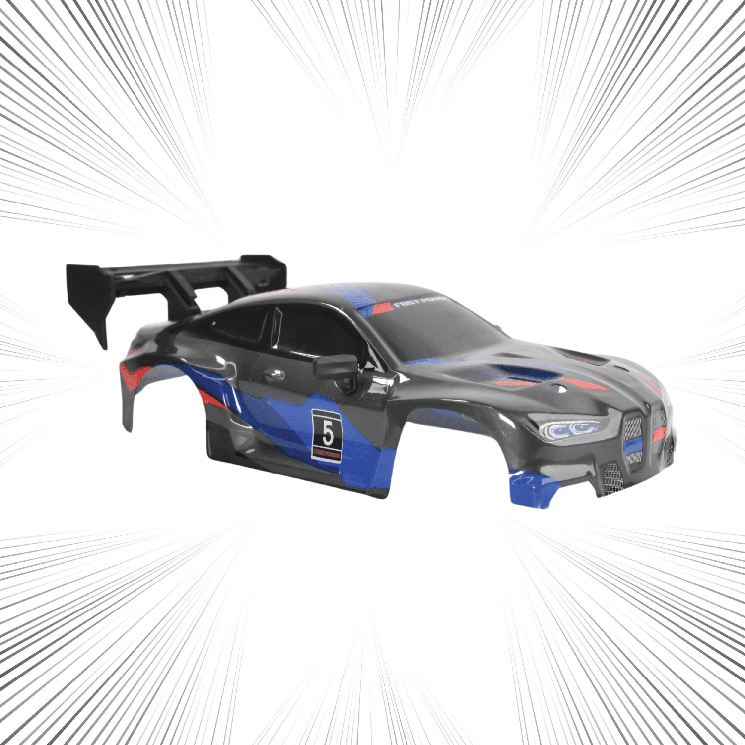 Model of RC car body with racing number 5 on a white background