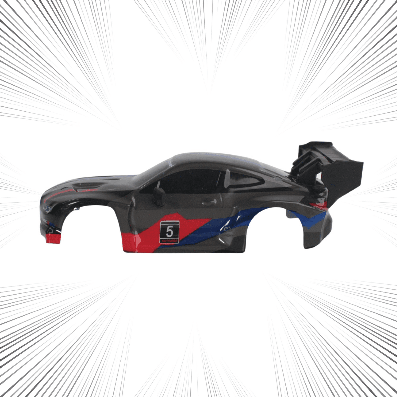 Black and red RC car body shell on a white background