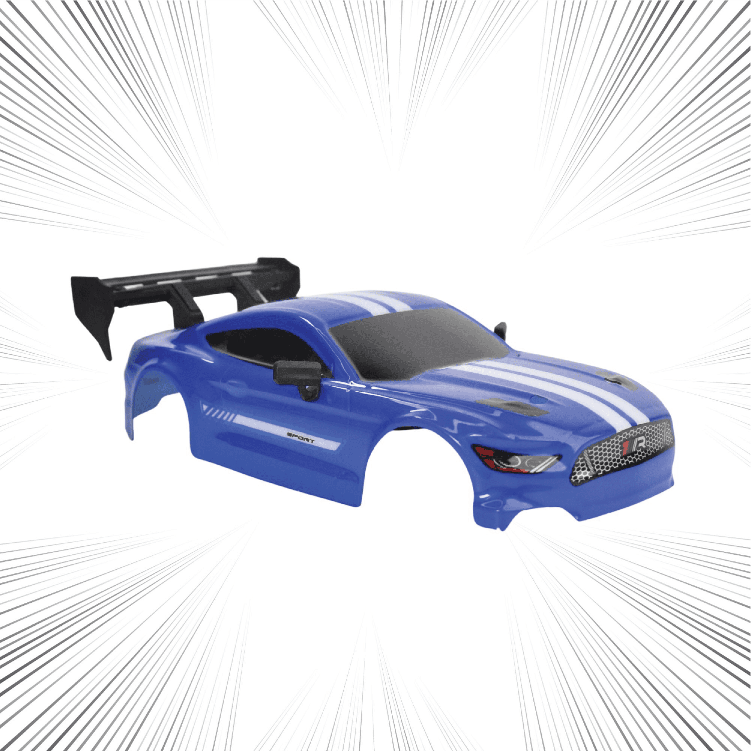 Blue toy RC car body with black roof on a white background