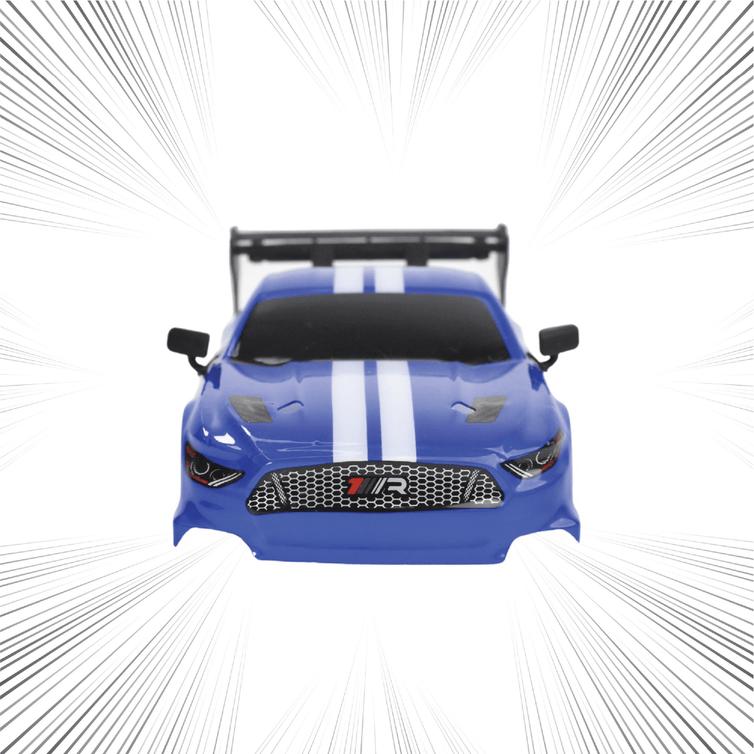 Blue toy RC car with white stripes on a white background