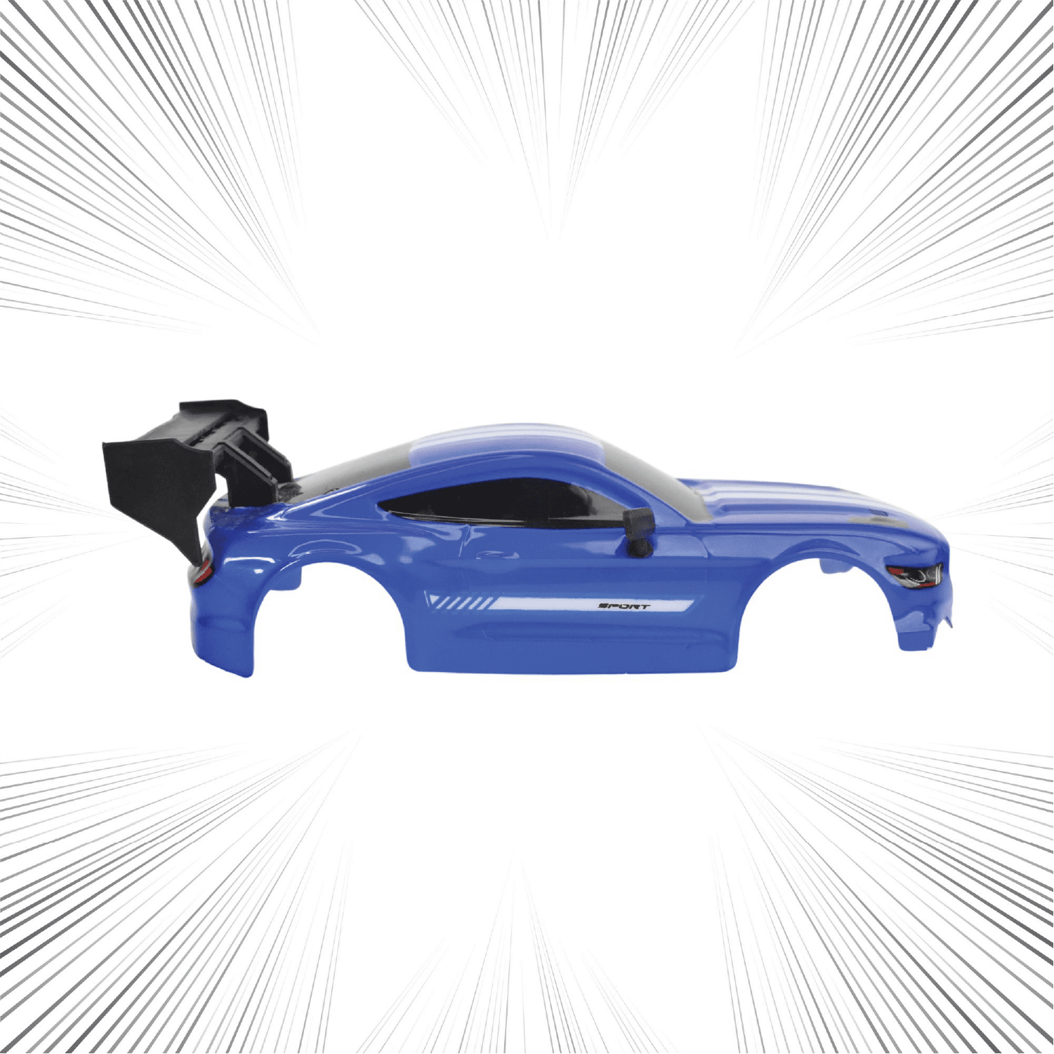 Blue RC car body shell on a white background