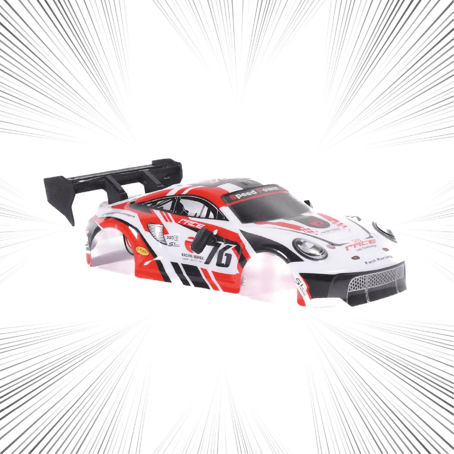 Toy RC race car with a white, red, and black design on a white background