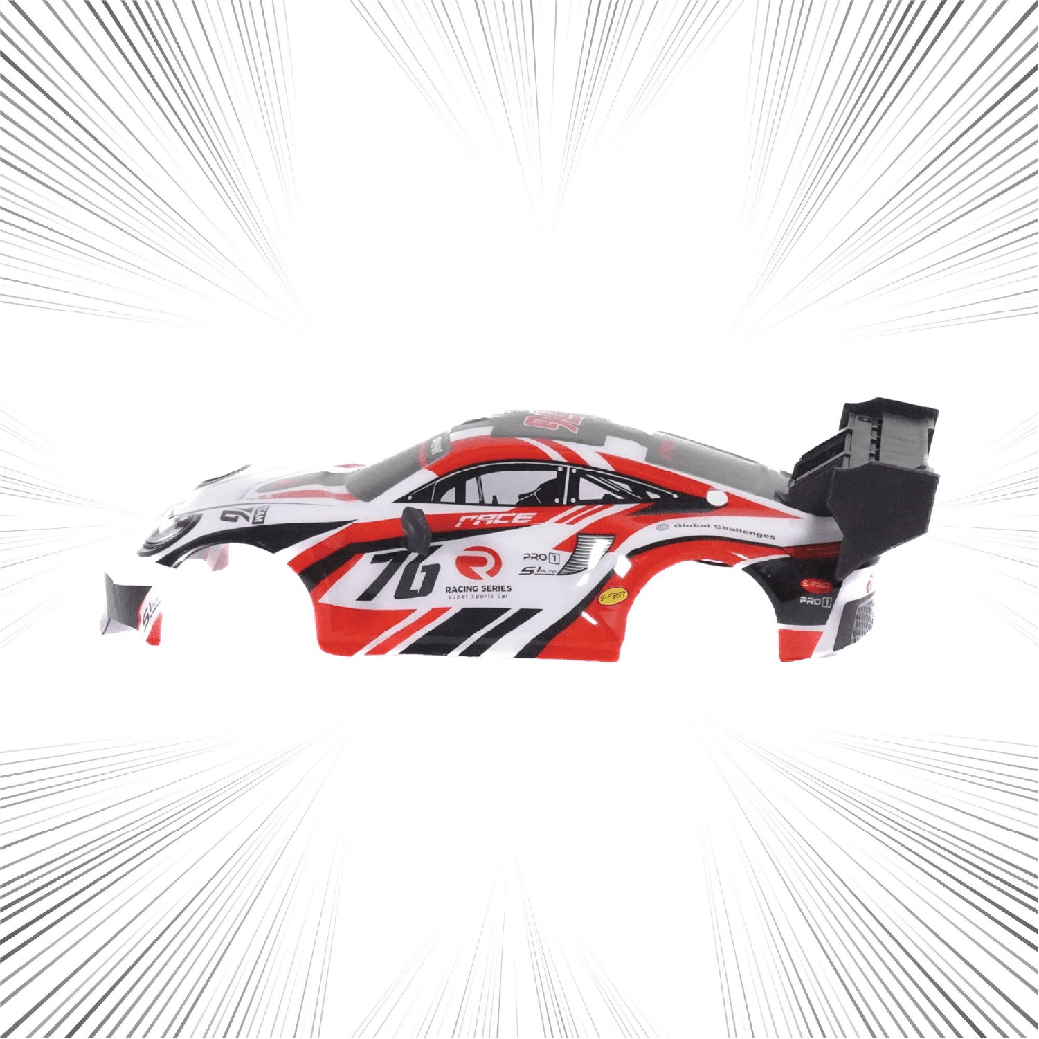 Racing RC car body shell with red, white, and black design on a white background