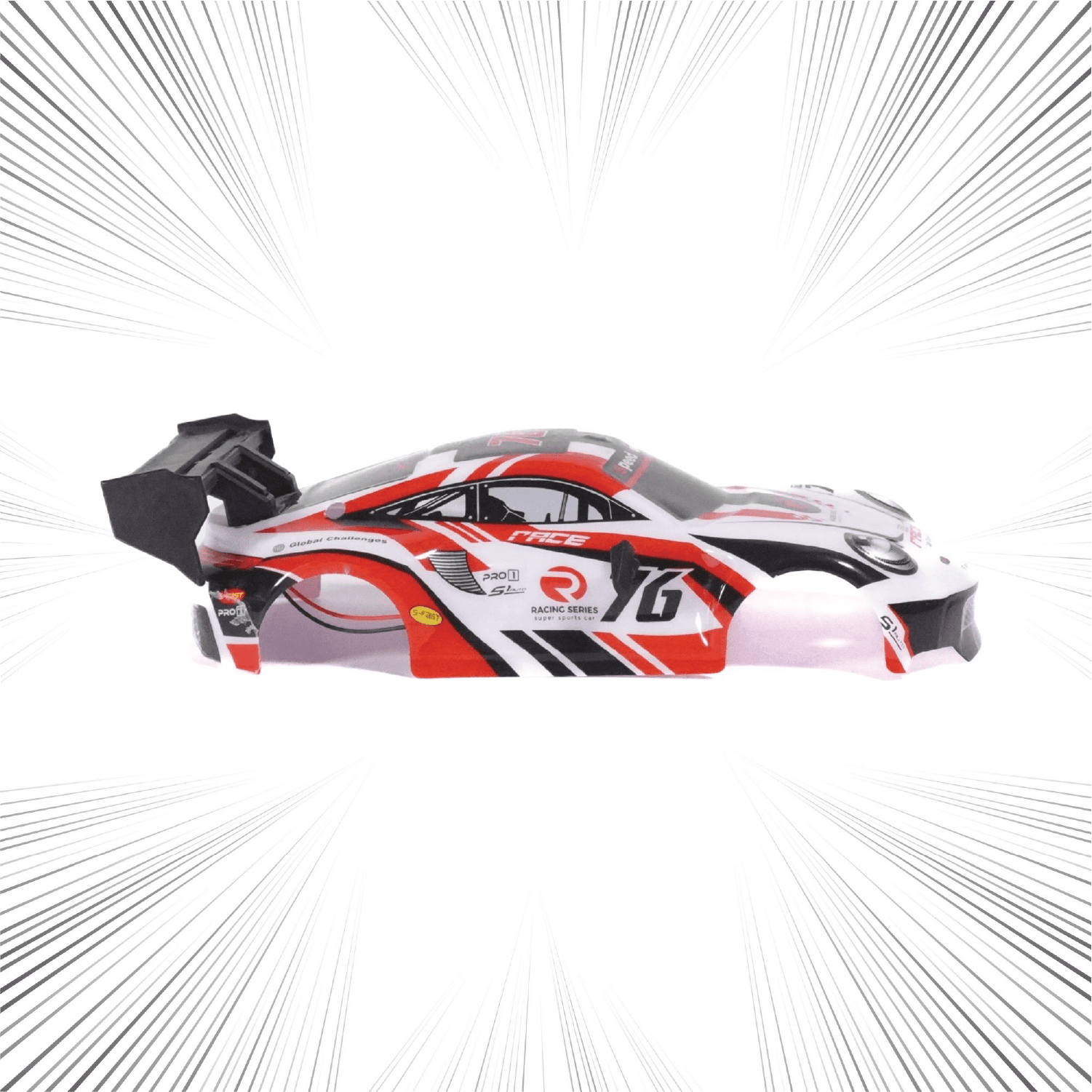 Model RC car body with red and black design on a white background