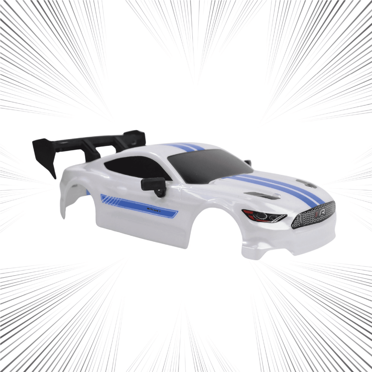 White toy RC car with blue stripes on a white background