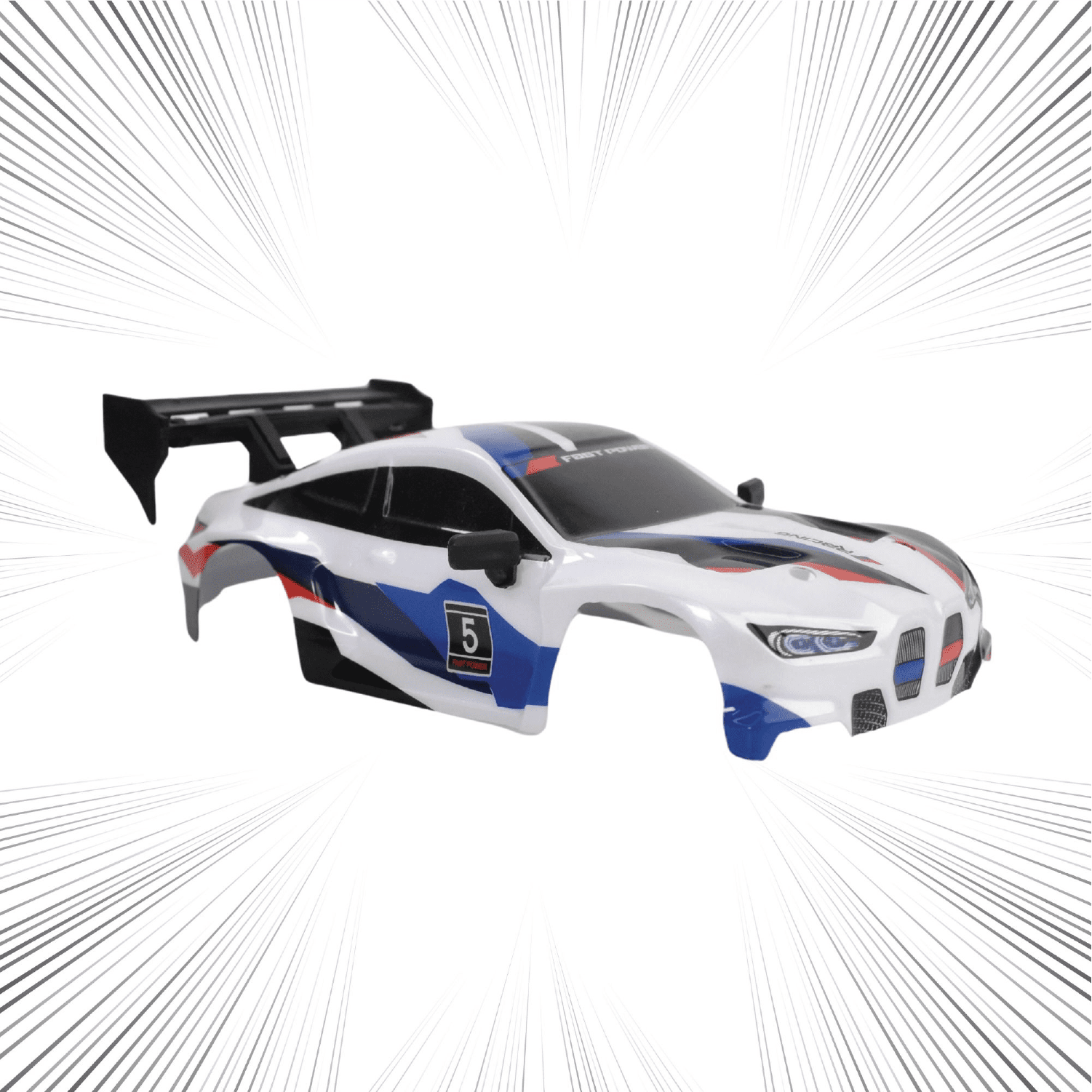 White toy RC car body with blue and red accents on a white background