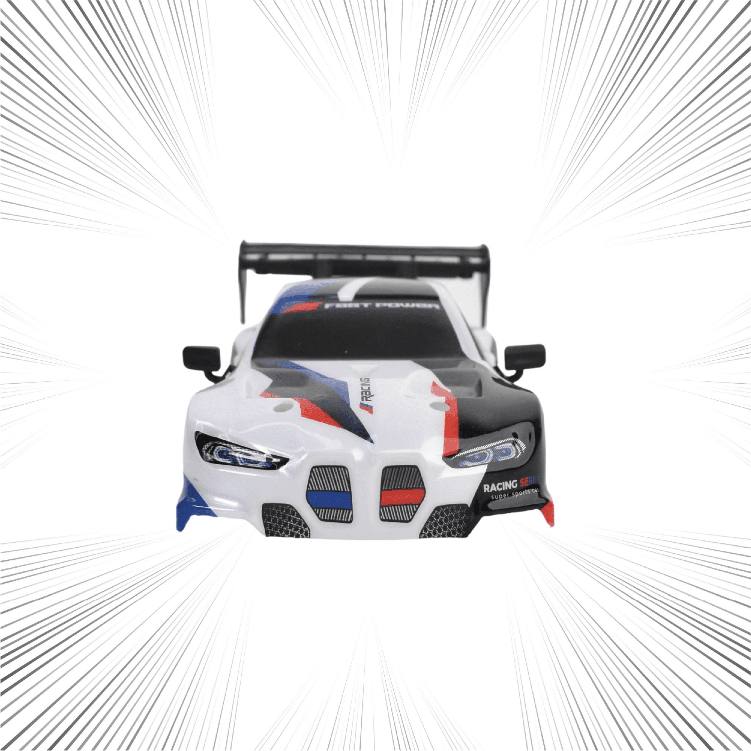 Model of a racing RC car with a white body and colorful design on a white background