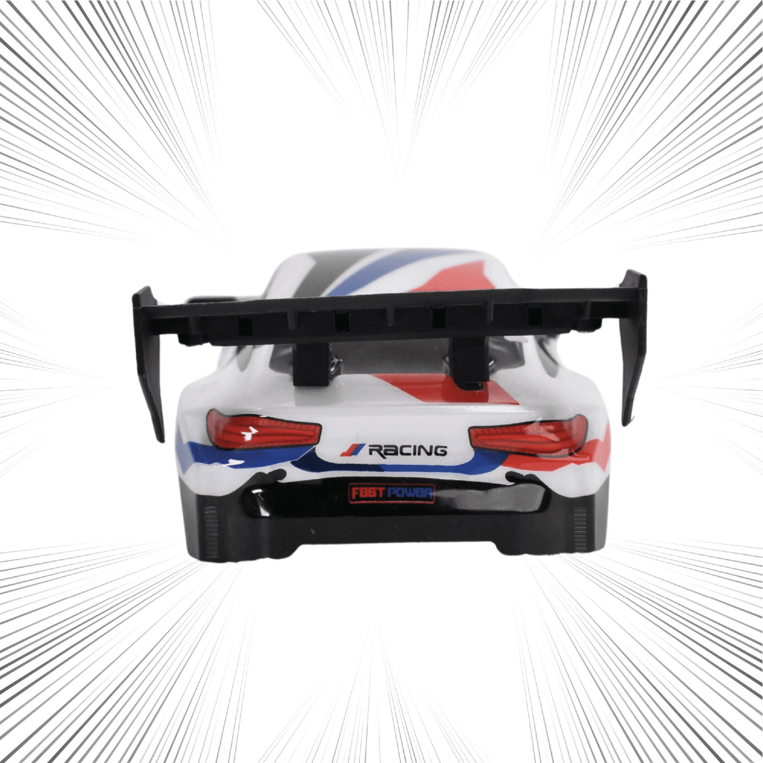 Model RC car with racing decals on a white background