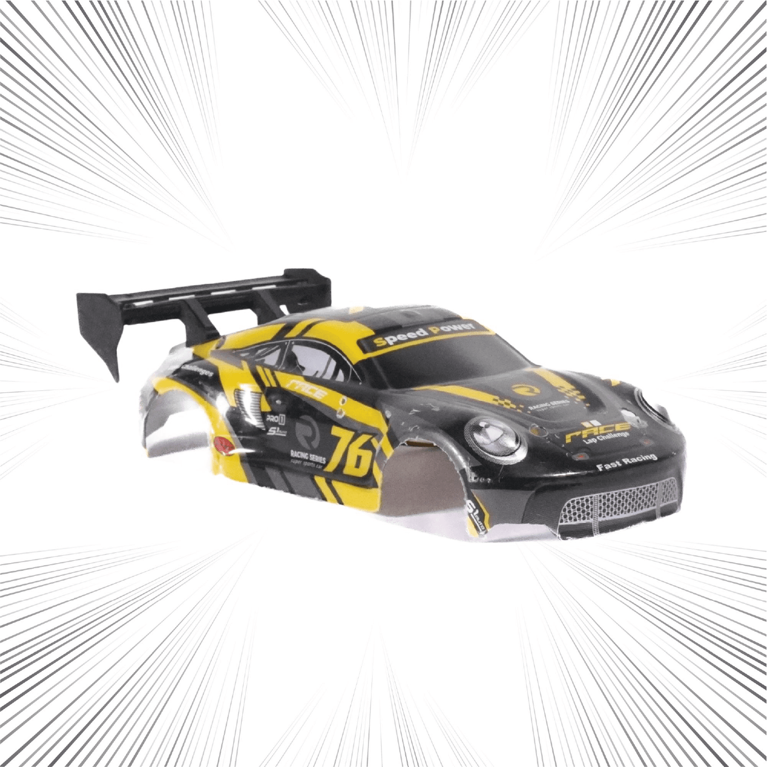Model RC car body with racing decals on a white background