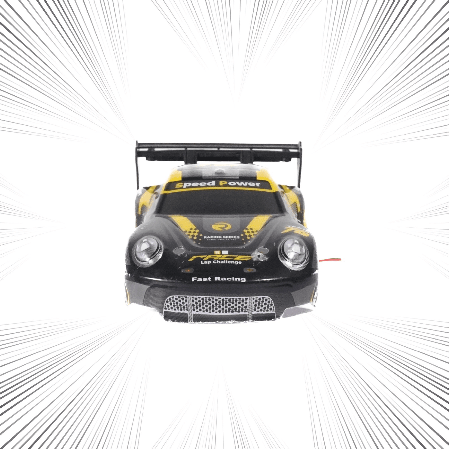 Black and yellow toy racing car on a white background