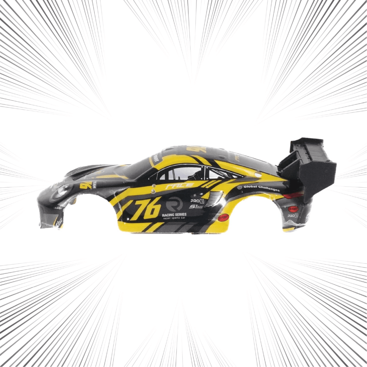 Black and yellow car body shell with number 76 on a white background