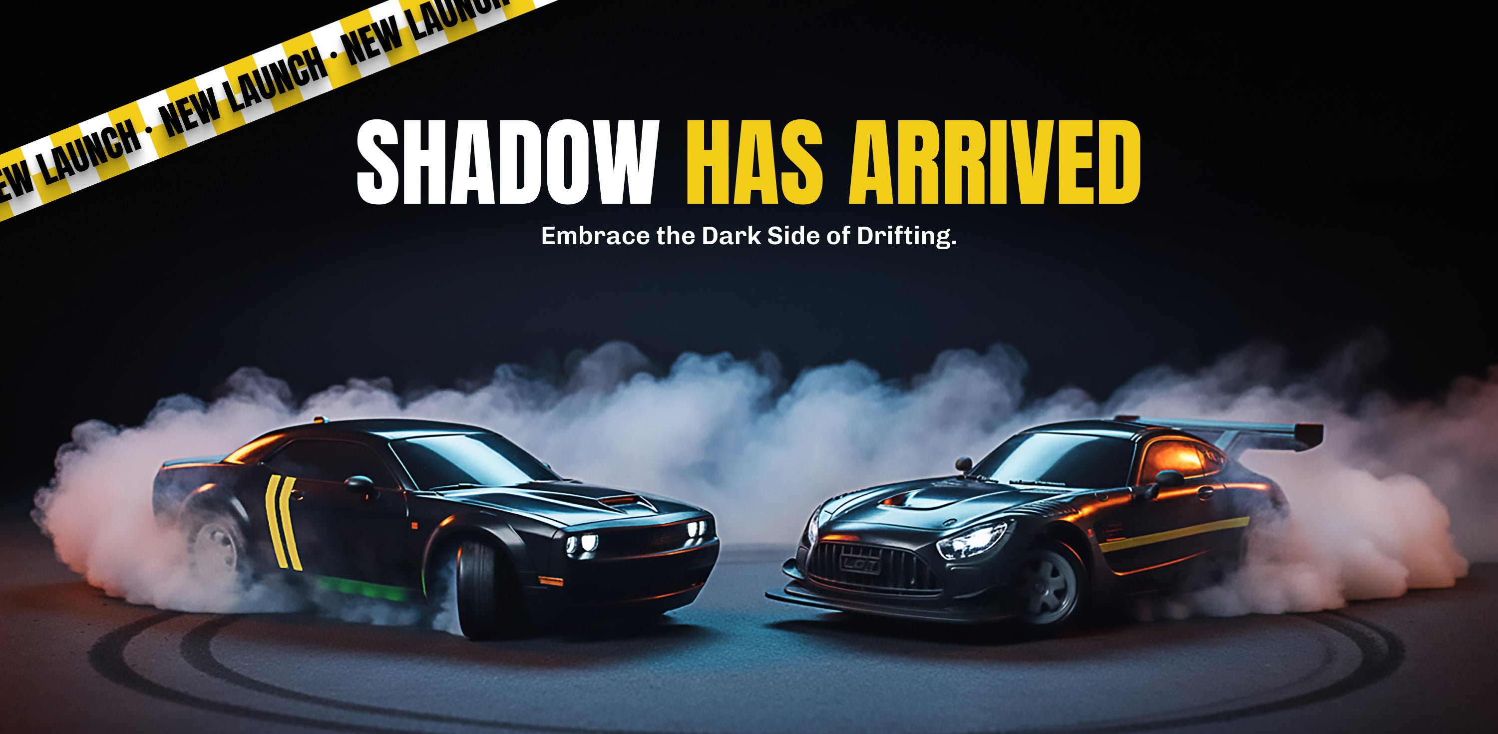 Two black RC cars with yellow accents on a dark background with smoke effects and text about a new launch.