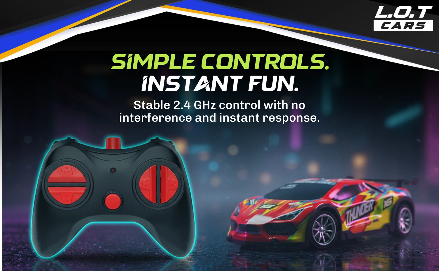 Remote control car with controller on a dark background, featuring text about controls and fun.