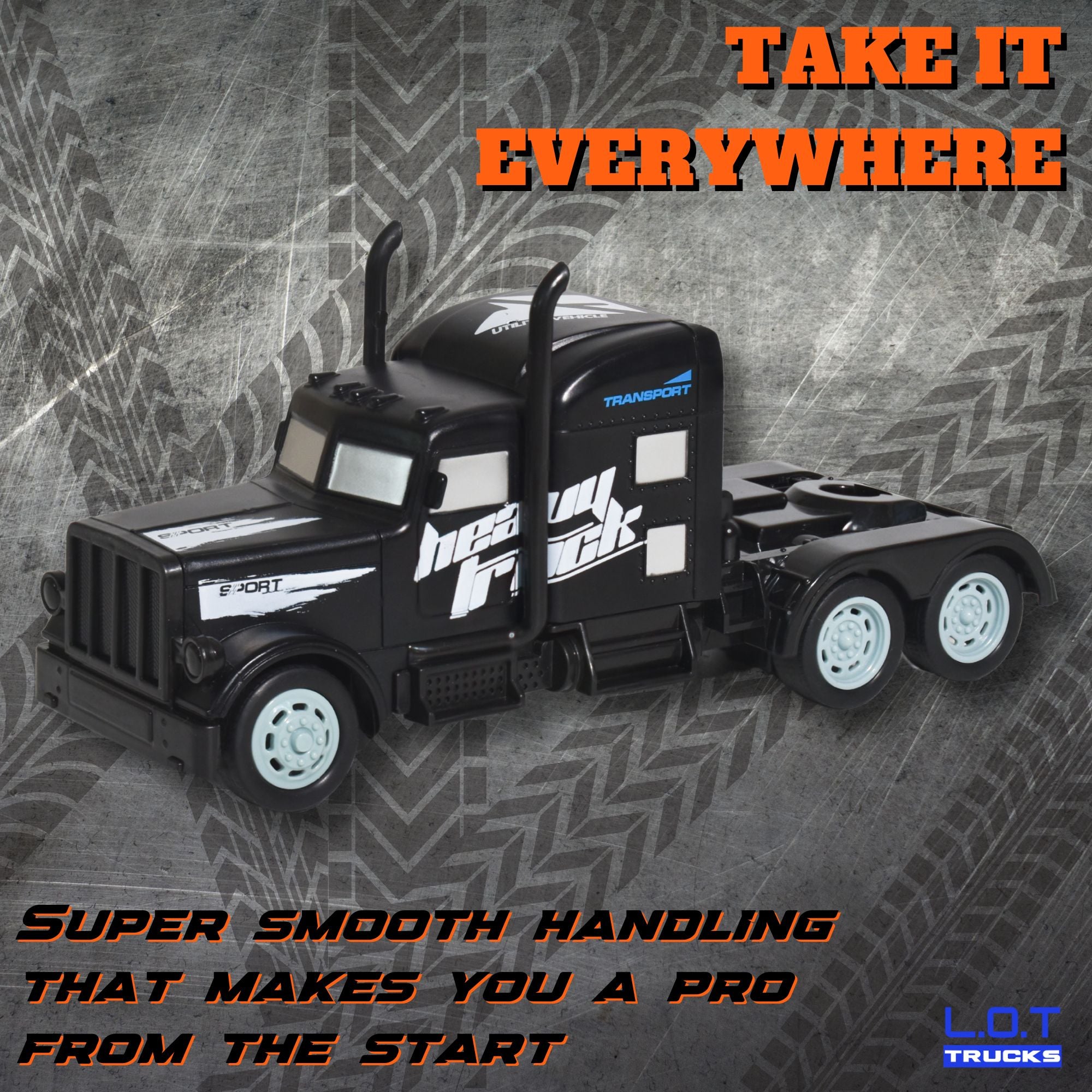 Black RC truck with promotional text on a textured background