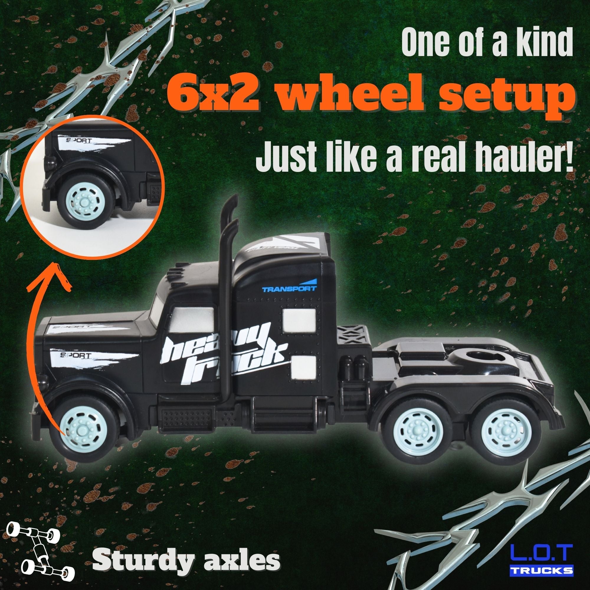 Black RC truck with 6x2 wheel setup on a dark background