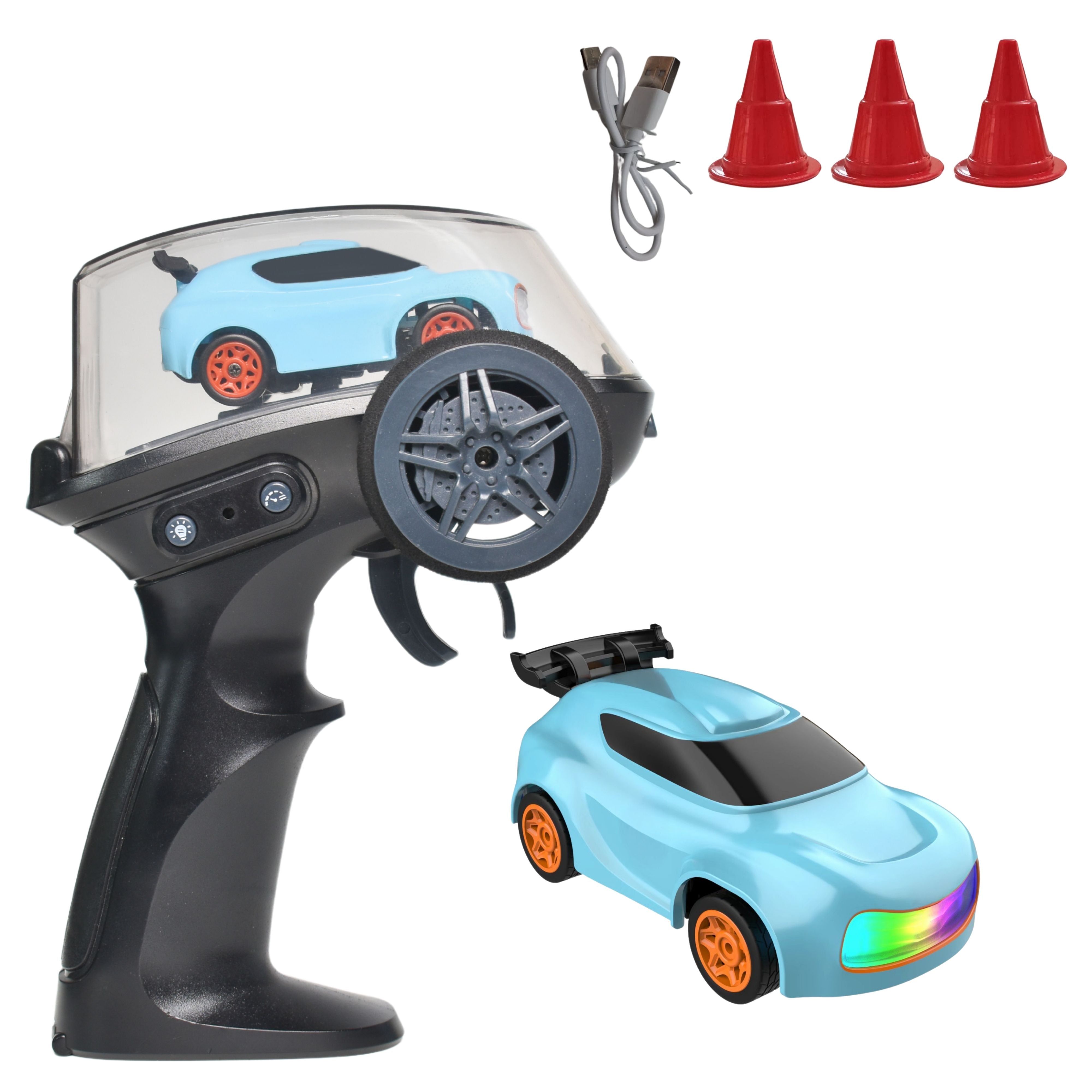 L.O.T TOYS Dash Remote Control Car | 2.4Ghz, 1:64 Scale | Rc Cars, Remote Control Car Toy, Rc Drifting Cars, Interchangable Wheel Sleeves, 4 Light & 2 Speed Modes (MINI RC- Blue)
