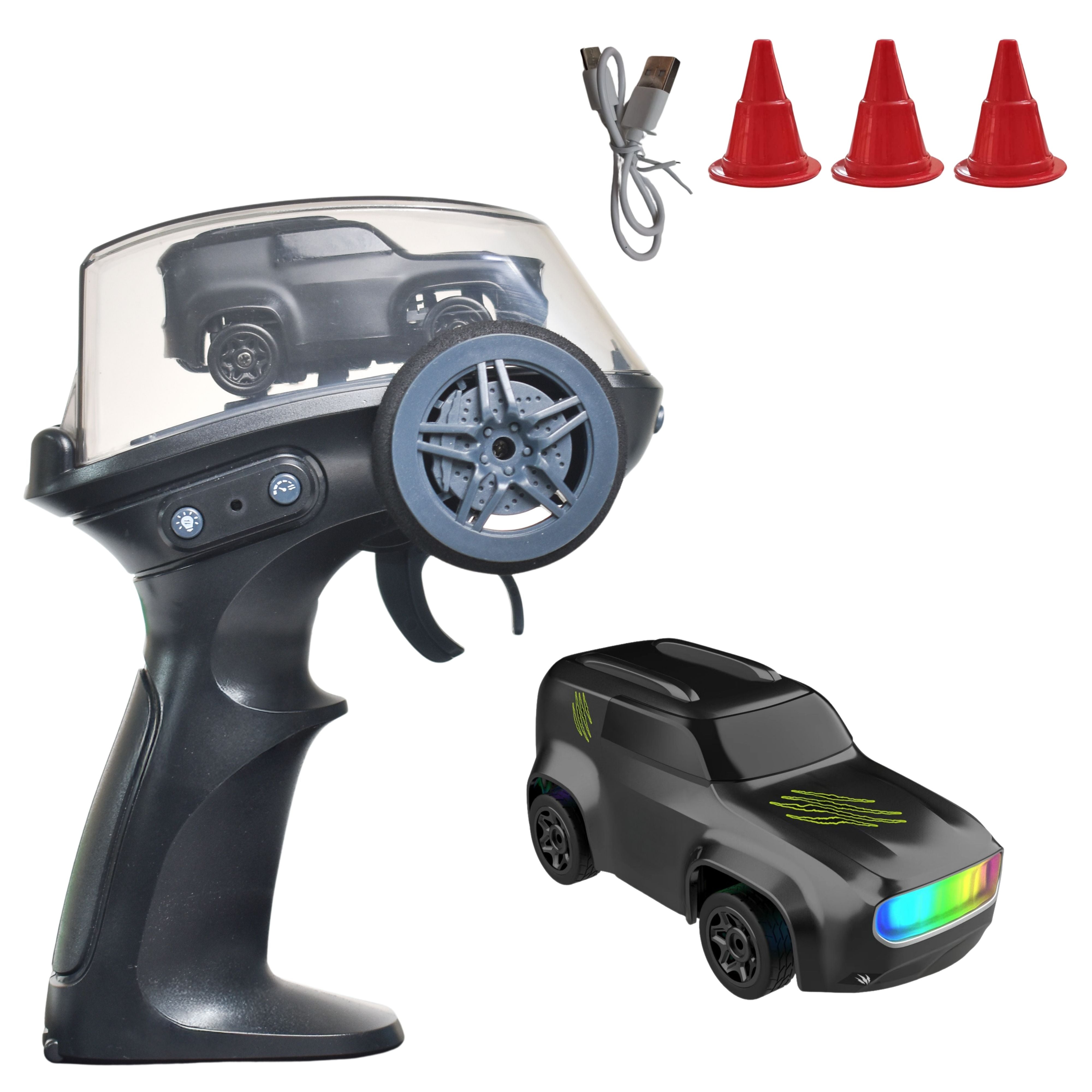 L.O.T TOYS Dash Remote Control Car | 2.4Ghz, 1:64 Scale | Rc Cars, Remote Control Car Toy, Rc Drifting Cars, Interchangable Wheel Sleeves, 4 Light & 2 Speed Modes (MINI RC- Black)