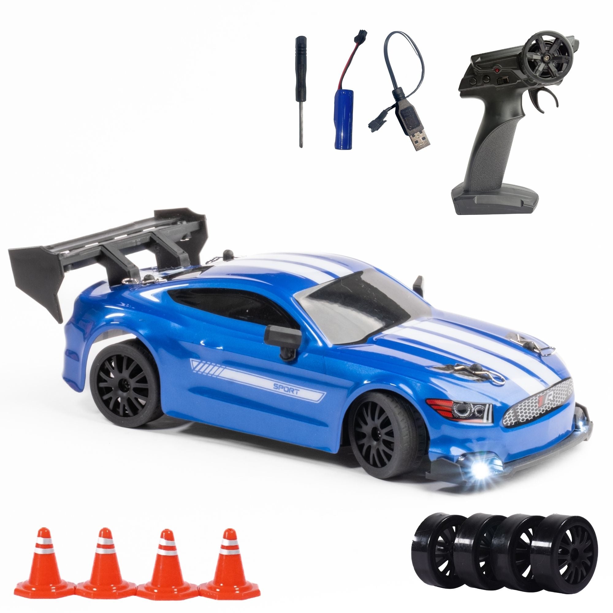 Blue toy RC car with remote control, connectors, and traffic cones on a white background