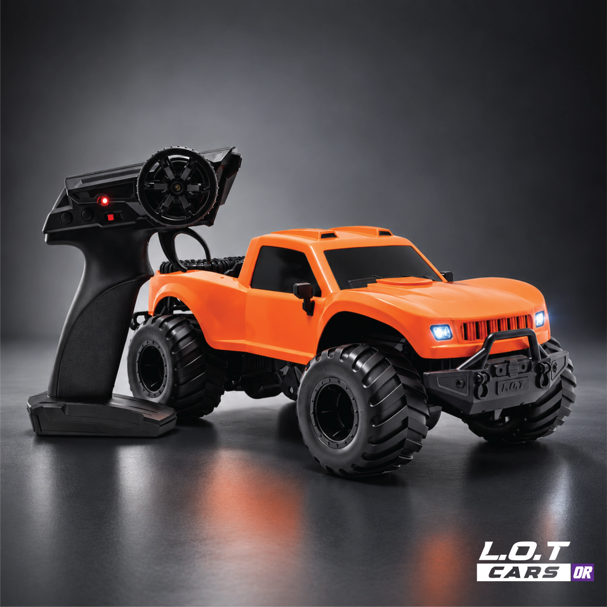 L.O.T Cars Gator in Marsh Orange, an orange amphibious RC off-roader with a pickup-style body and oversized tyres, beside its pistol-grip remote