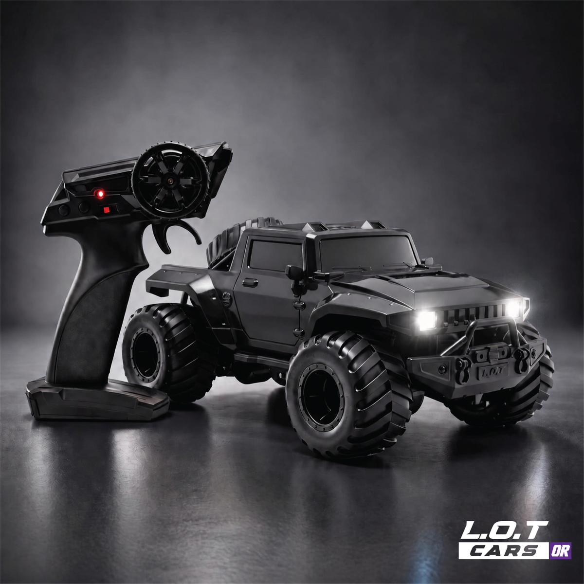 L.O.T Cars Gator in Hammer Black, a black amphibious RC off-roader with oversized tyres, beside its pistol-grip remote