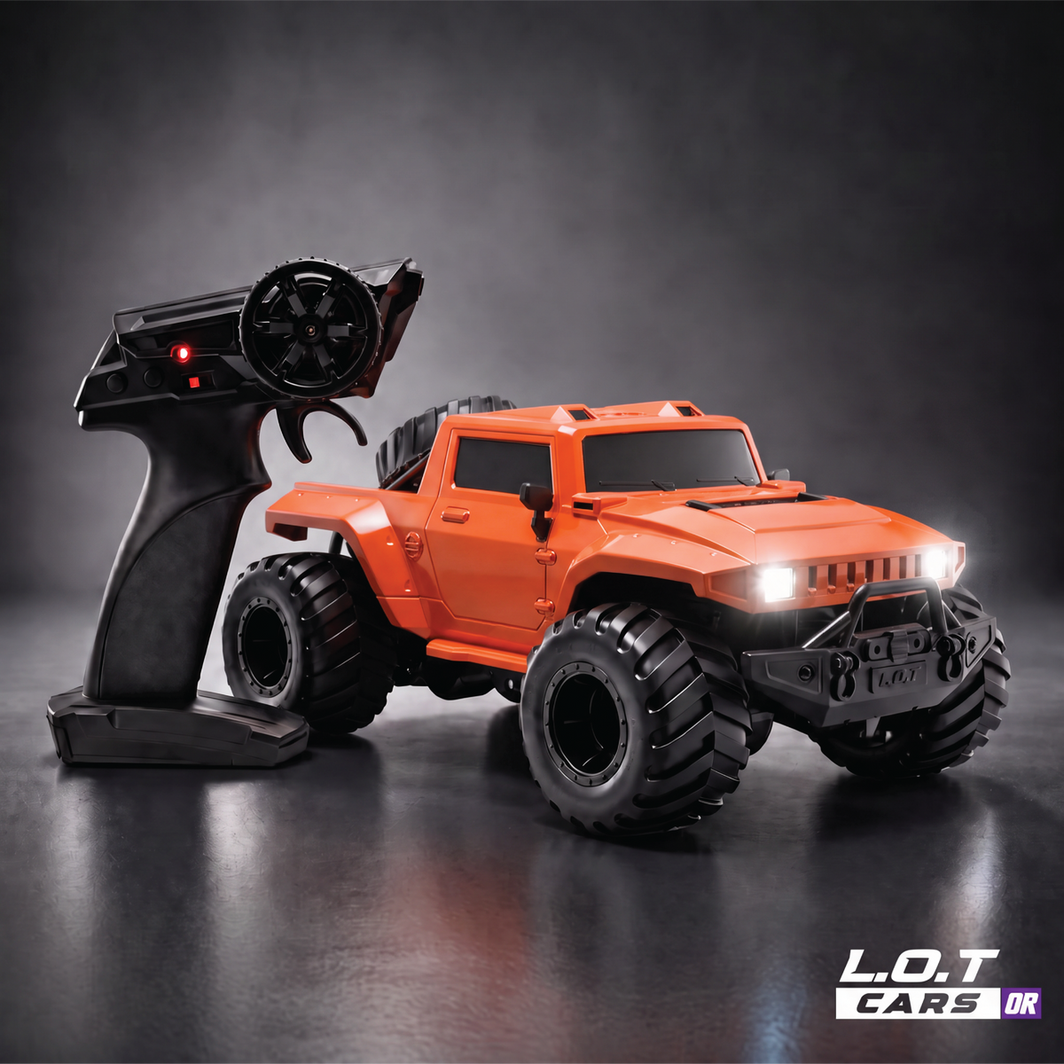 L.O.T Cars Gator in Hammer Orange, an orange amphibious RC off-roader with oversized tyres, beside its pistol-grip remote
