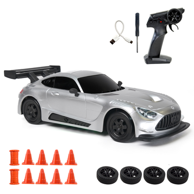 RC car with remote control and battery on a white background
