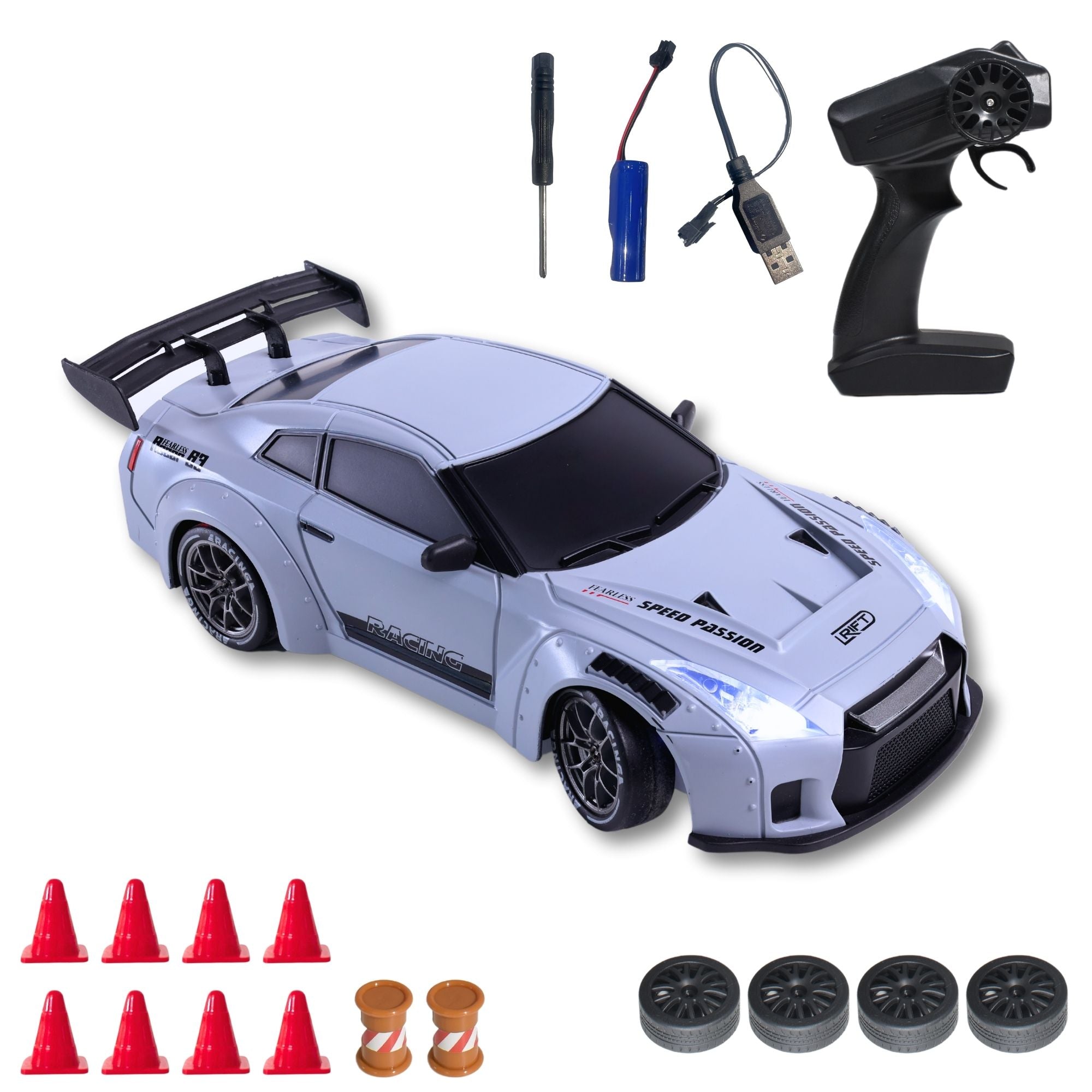 L.O.T TOYS Flare Remote Control Car | 20Kmph, 2.4Ghz | Rc Car, Rc Drifting Car, Remote, 4 Wheel Drive, Boost Mode, Long Range Remote, Hard Plastic Top with LED Head Light (Race Grey)