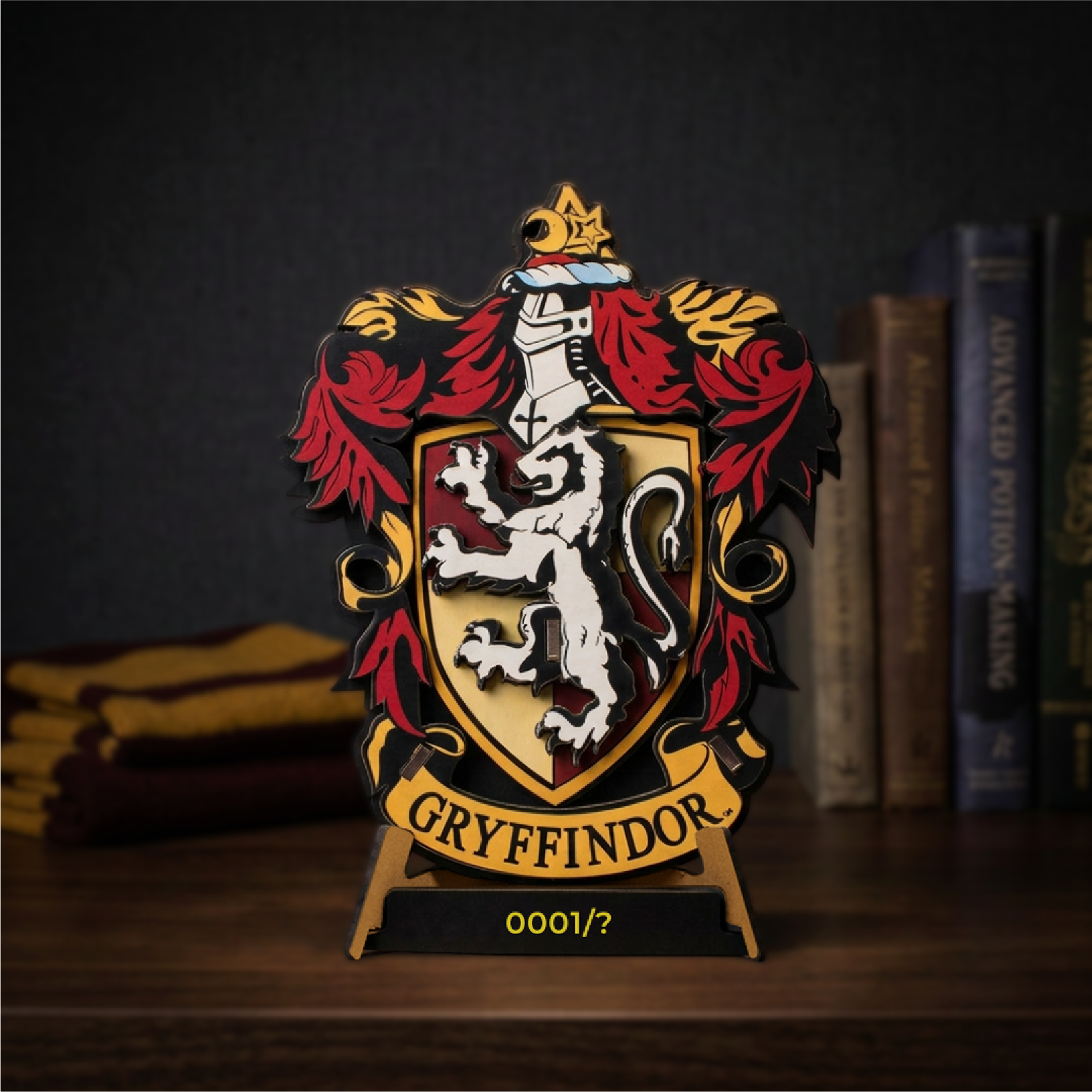 Gryffindor wooden house crest with its gold lion shield, displayed beside books on a desk