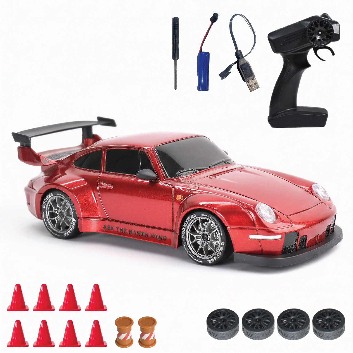Red sports RC car on a road with what's included in the box.