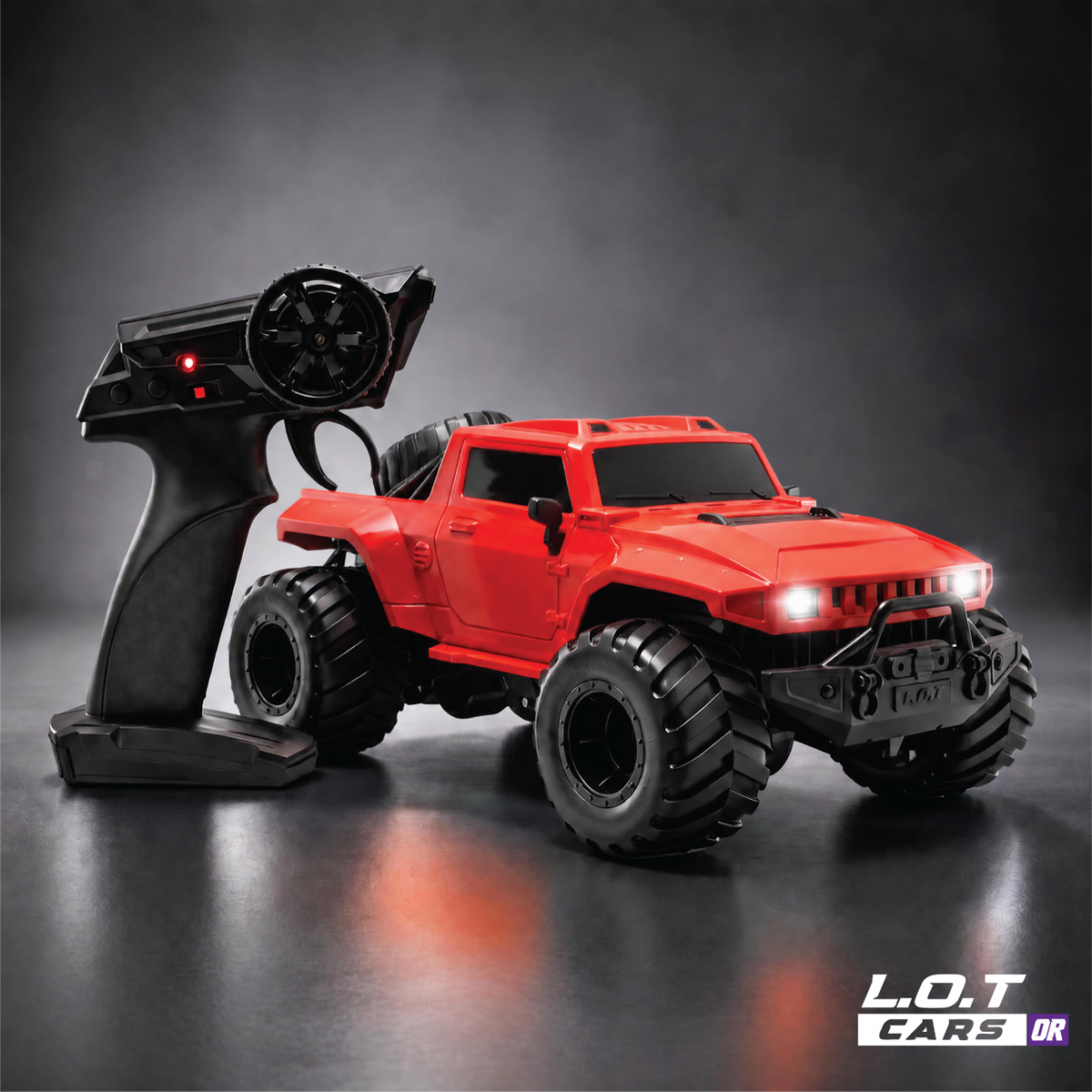 L.O.T Cars Gator in Hammer Red, a red amphibious RC off-roader with oversized tyres, beside its pistol-grip remote