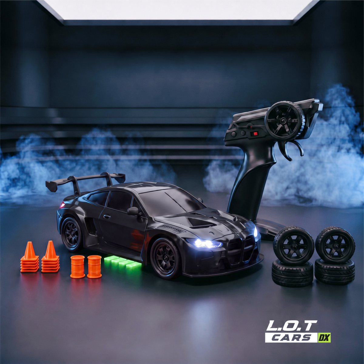 L.O.T Cars Bhoot in Underground Black, a black RC drift car with green underglow, beside its pistol-grip remote, spare tyres, orange cones and barrels