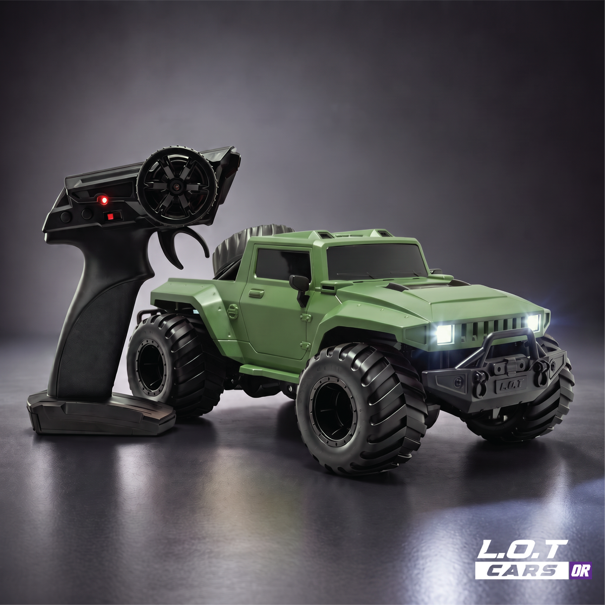L.O.T Cars Gator in Hammer Green, a green amphibious RC off-roader with oversized tyres, beside its pistol-grip remote