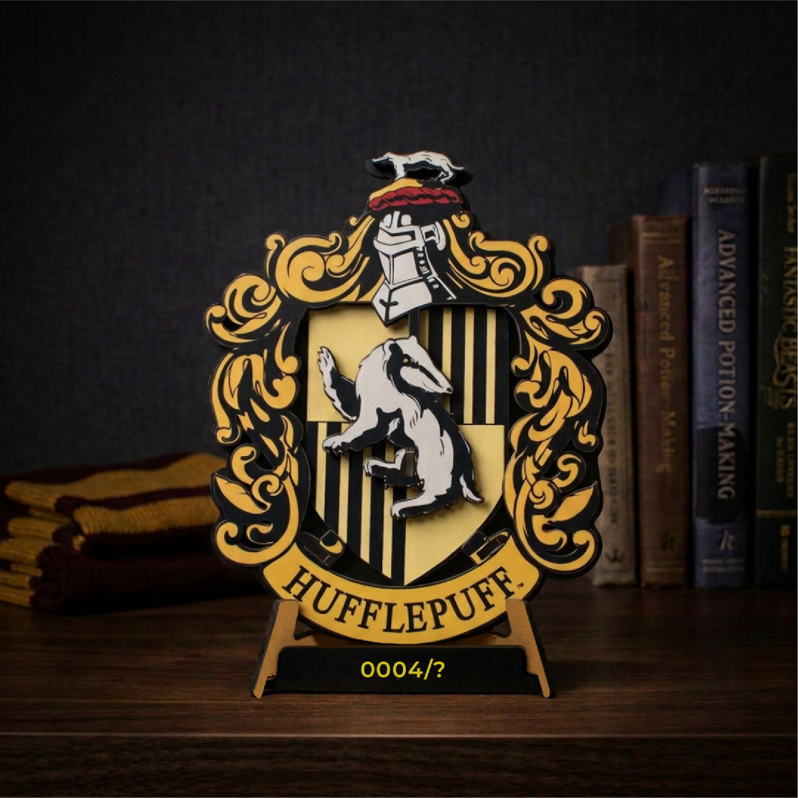 Hufflepuff wooden house crest with its badger shield, displayed beside books on a desk