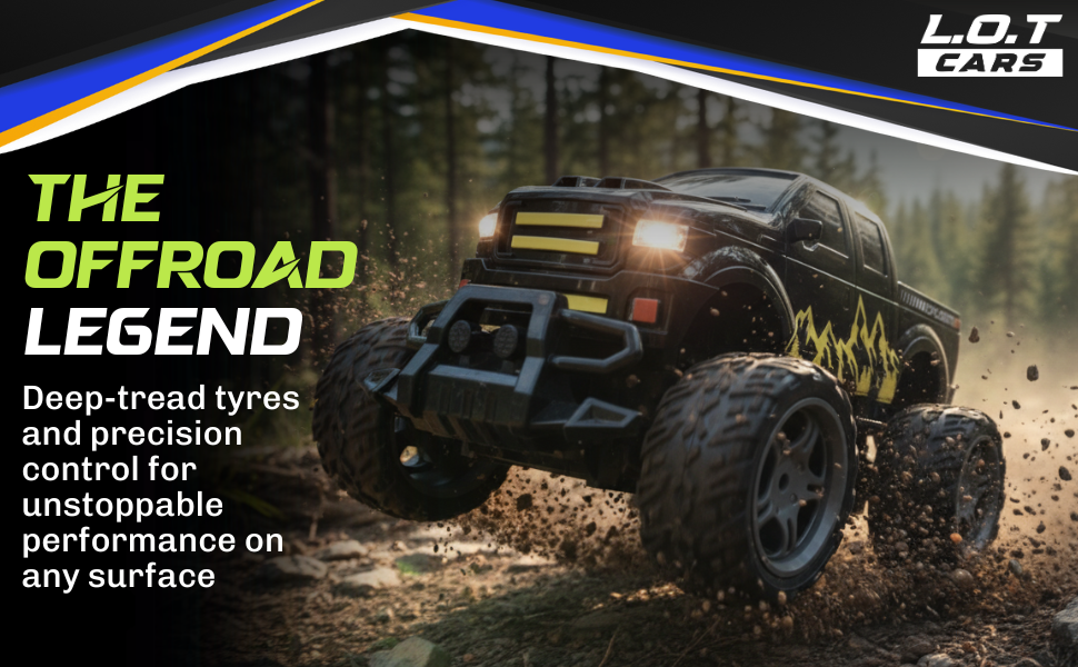 Off-road RC vehicle in a forest with promotional text about deep-tread tyres and unstoppable performance.