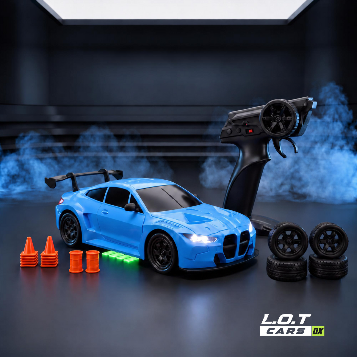 L.O.T Cars Bhoot in Underground Blue, a blue RC drift car with green underglow, beside its pistol-grip remote, spare tyres, orange cones and barrels