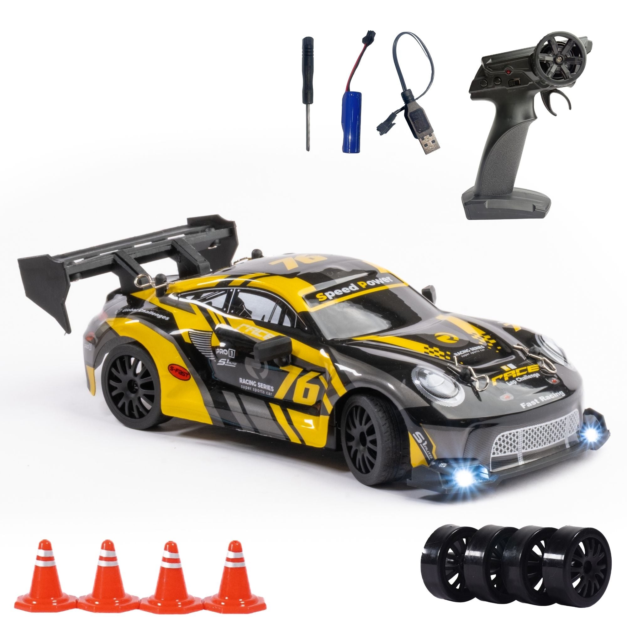 Toy race RC car with remote control, accessories, and traffic cones on a white background