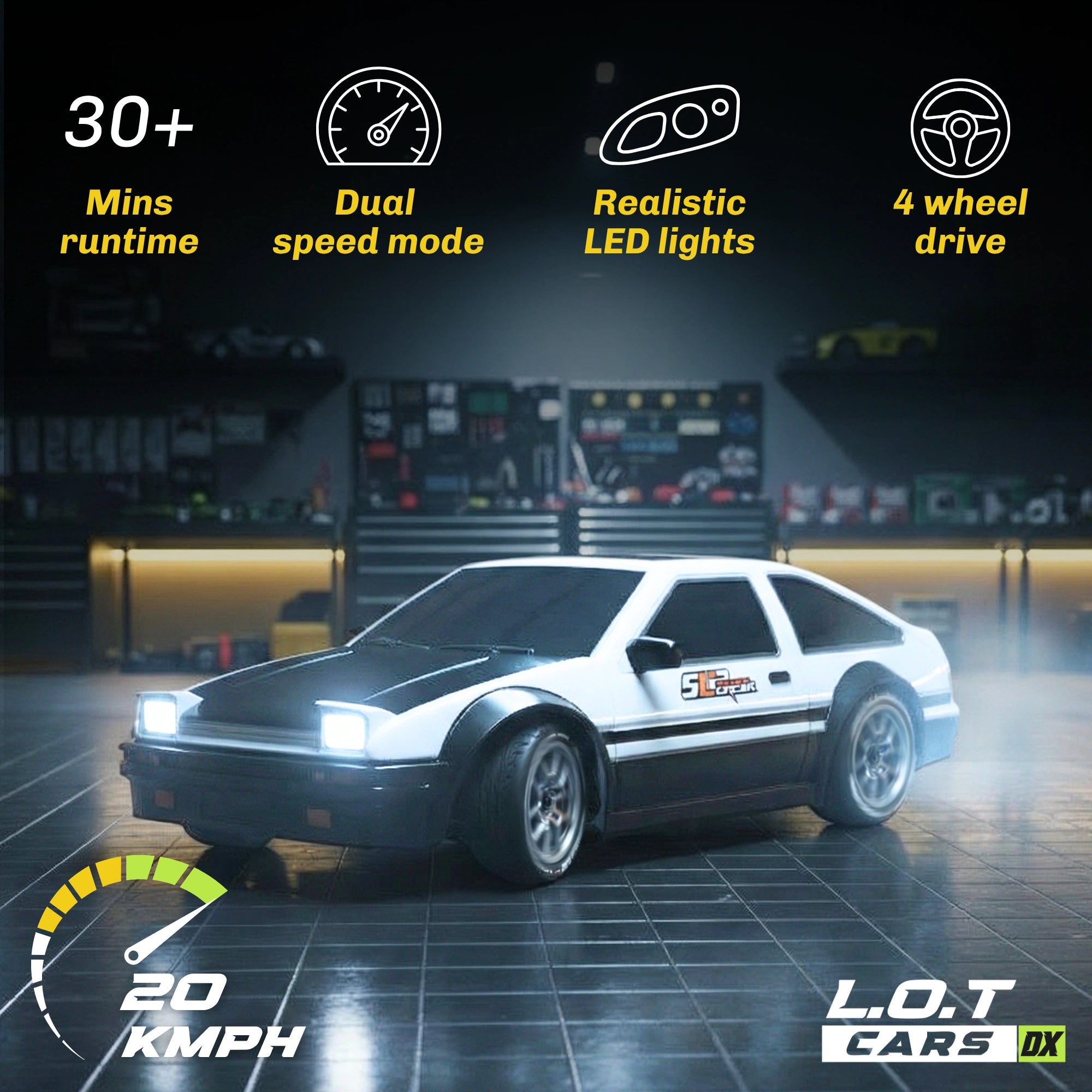 RC car with features highlighted on a dark background
