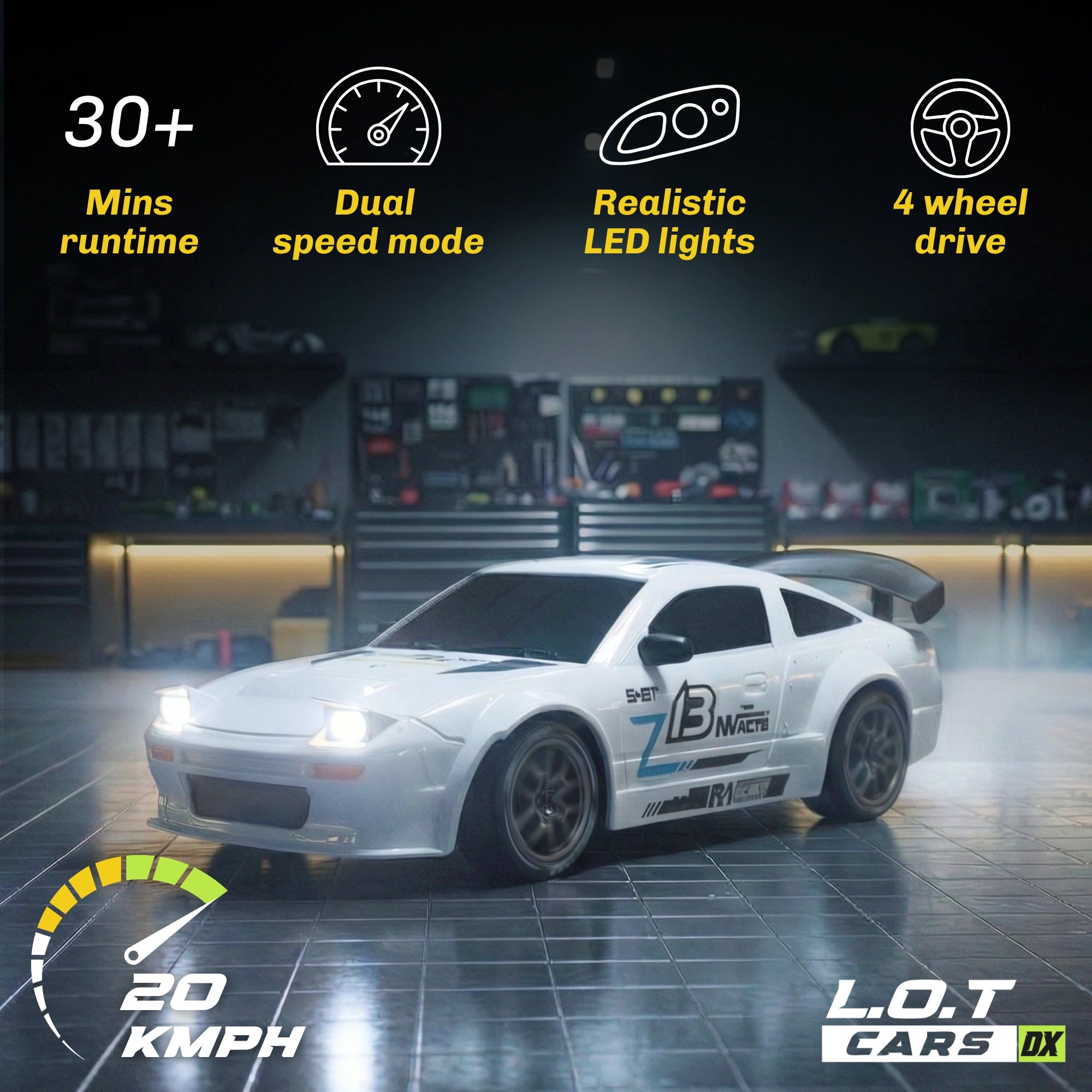 RC car with features listed on a dark background