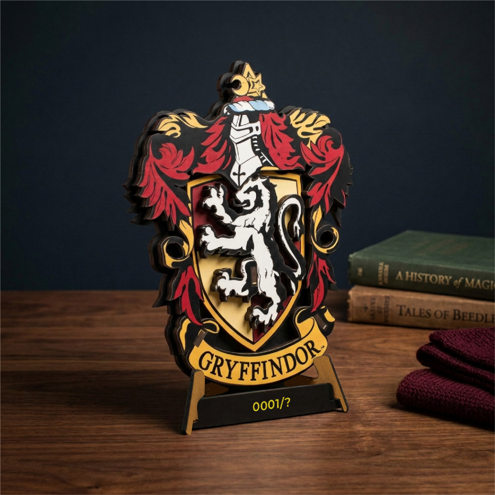 Gryffindor wooden crest on its numbered display stand, angled against a dark background